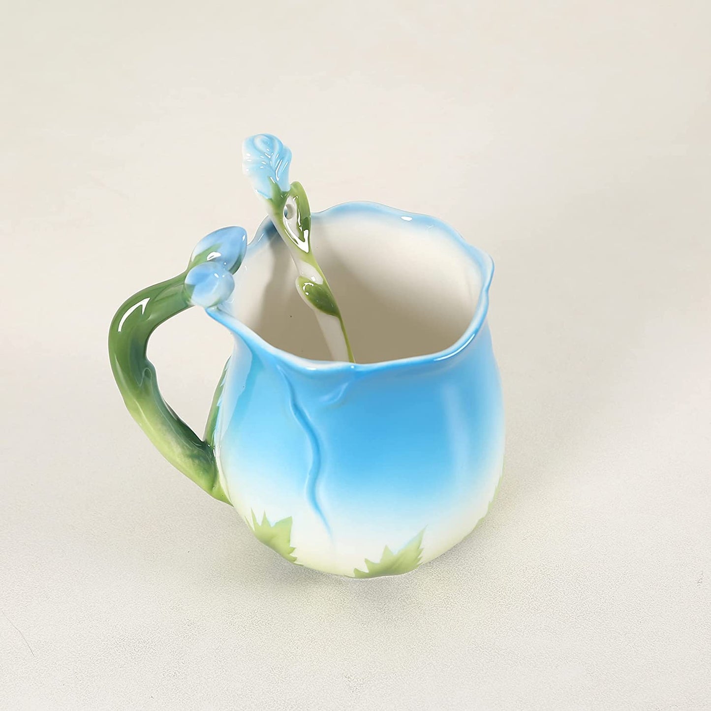 ENCOFT Ceramic Tea Cups Flower Tea Cup Set for Women with Spoon Rose Shape Design Mushroom Cup Gifts (Blue)