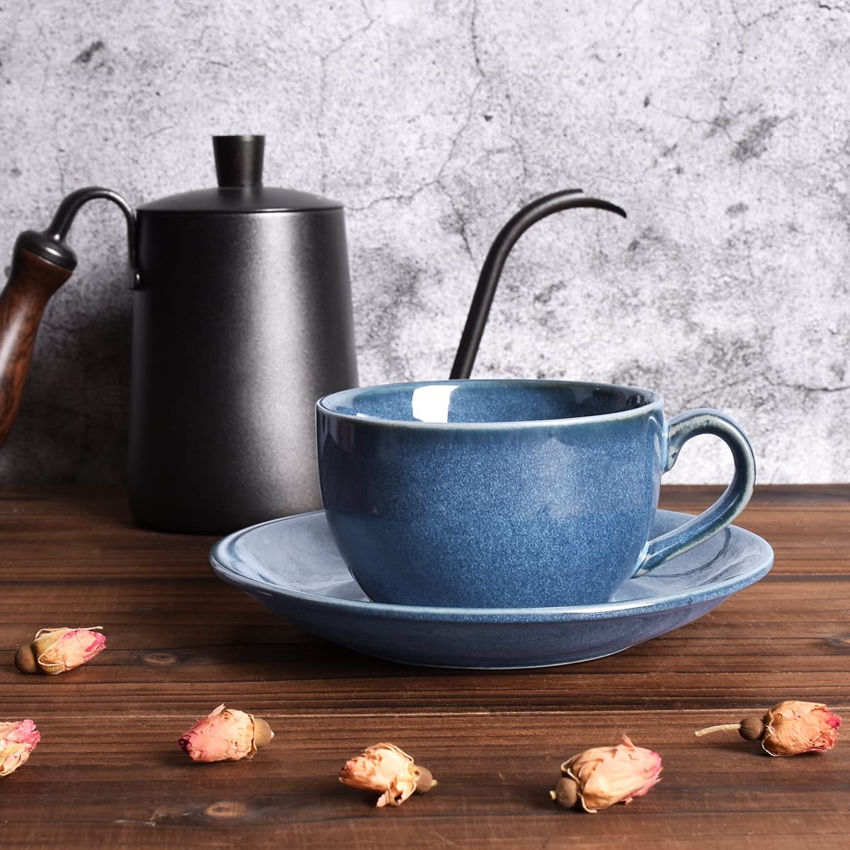 Bosmarlin Coffee Cup Mug with Saucer for Latte, Cappuccino, Tea, 8.5 Oz, Dishwasher and Microwave Safe, Reactive Glaze, 1 Pcs(Lake blue, 1)