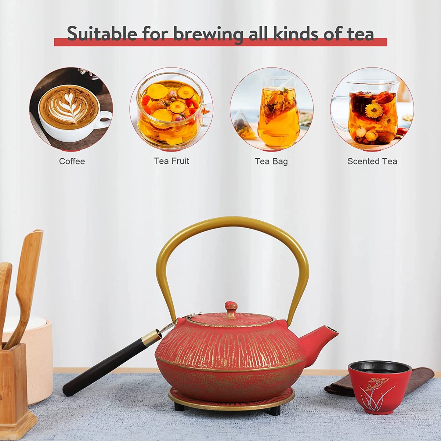 Japanese Style Cast Iron Teapot with 4 Tea Cups Trivet Tetsubin Tea Kettle with Infuser Chinese Tea Set for Adults Iron Tea Pots Black (Magpie and Plum Pattern)