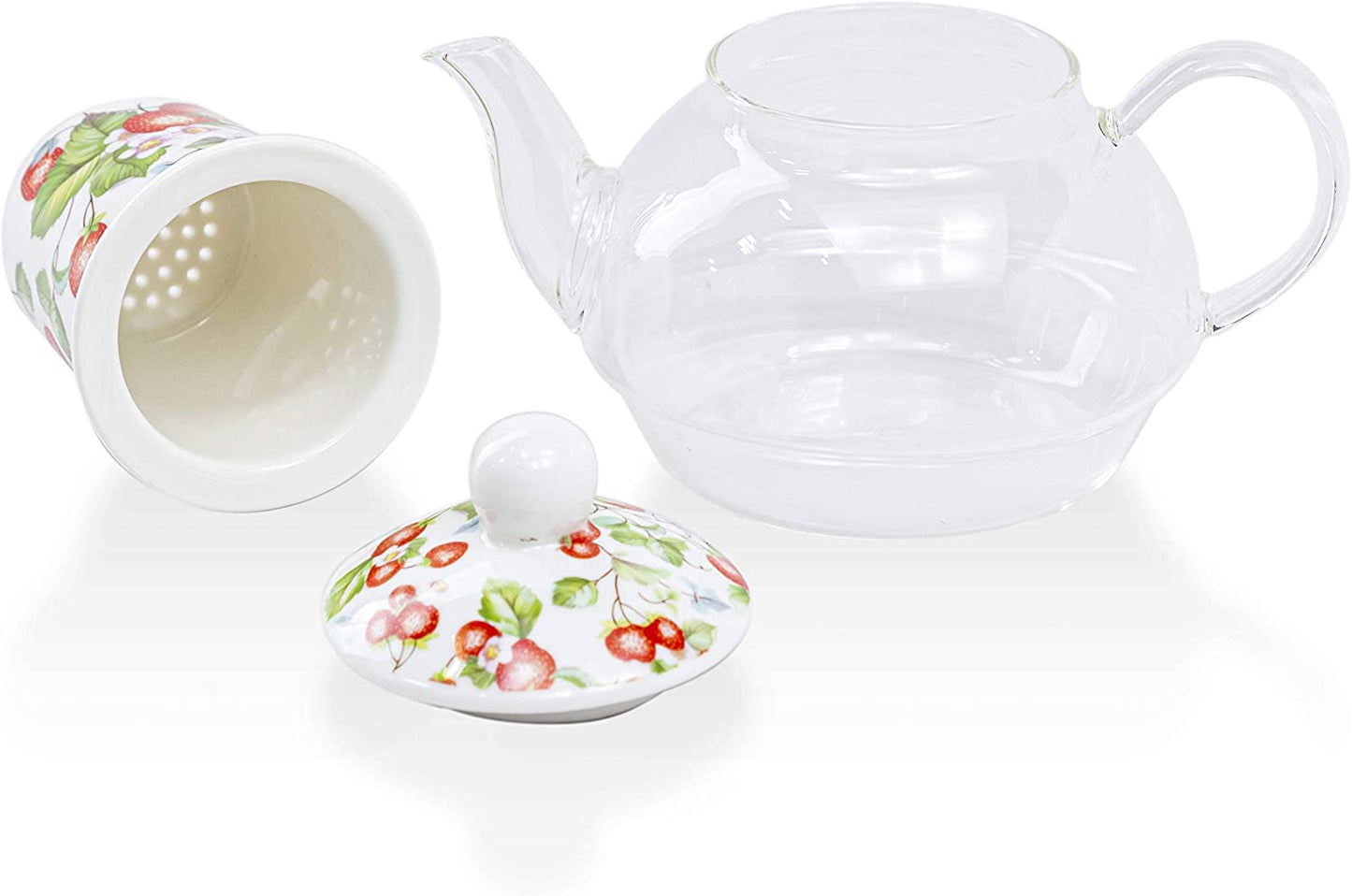 Grace Teaware 5-Piece Glass Porcelain 13-Ounce Tea For One With Infuser (Floral Strawberry Field)