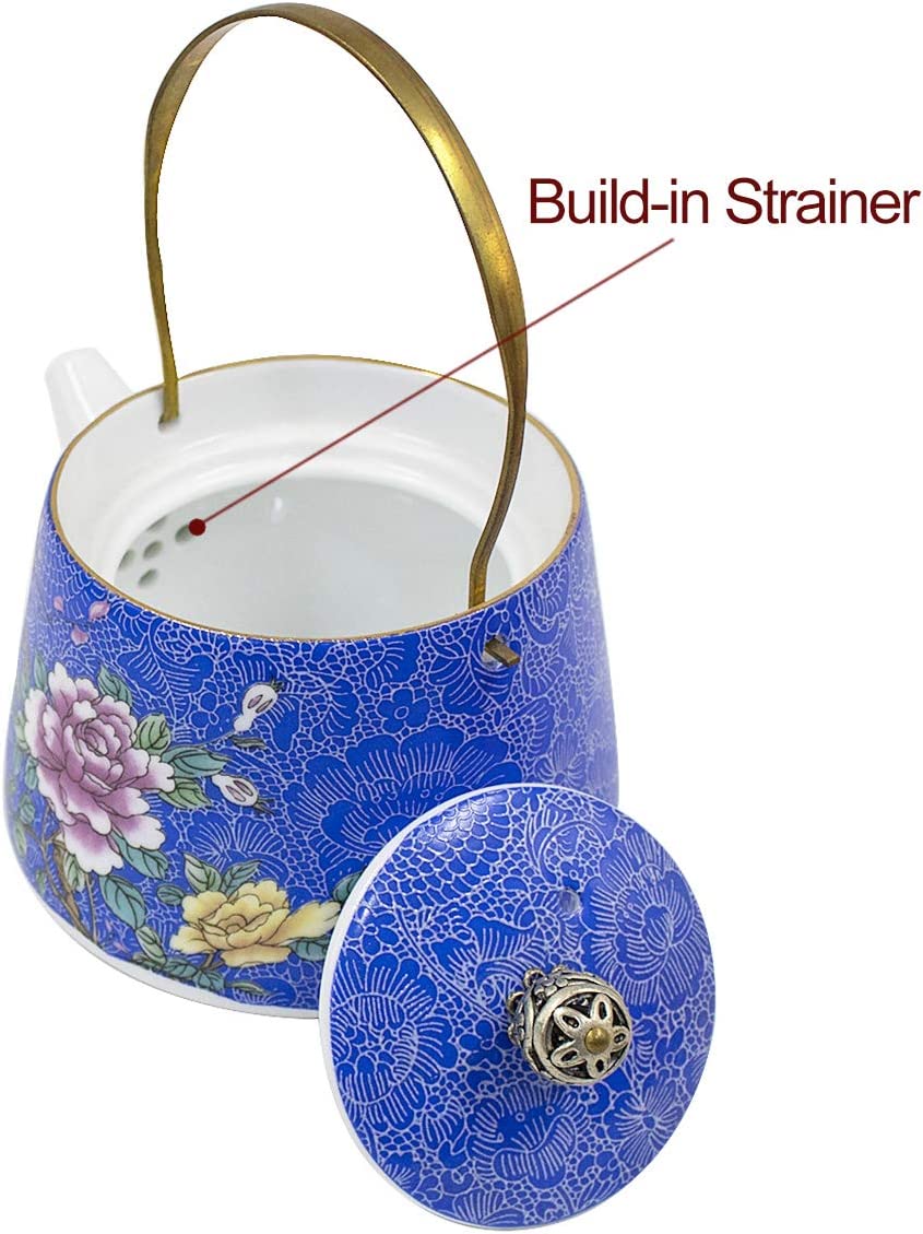 Dahlia Prosperity Peony Exquisite Filigree Porcelain Gongfu Tea Set (Teapot + 6 Teacups) Light Blue