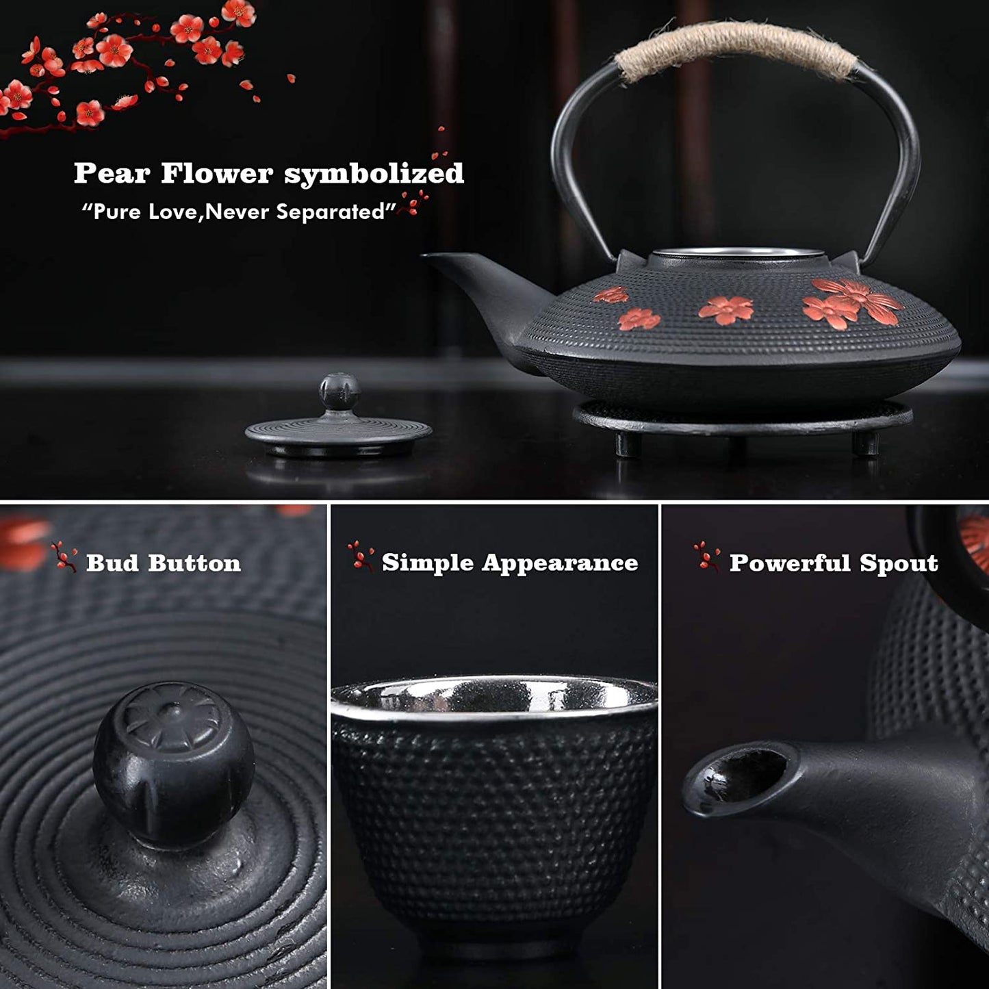 Japanese Style Cast Iron Teapot with 4 Tea Cups Trivet Tetsubin Tea Kettle with Infuser Chinese Tea Set for Adults Iron Tea Pots Black (Magpie and Plum Pattern)