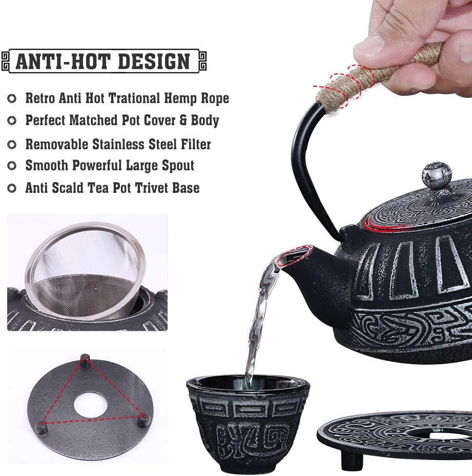 COOGOU Japanese Style Cast Iron Teapot Set with 4 Tea Cups Iron Tea Kettle with Infuser Hemp Rope Trivet Asian Gift for Adults Parents (Fish Scale Pattern, Blue,Anti Rust)