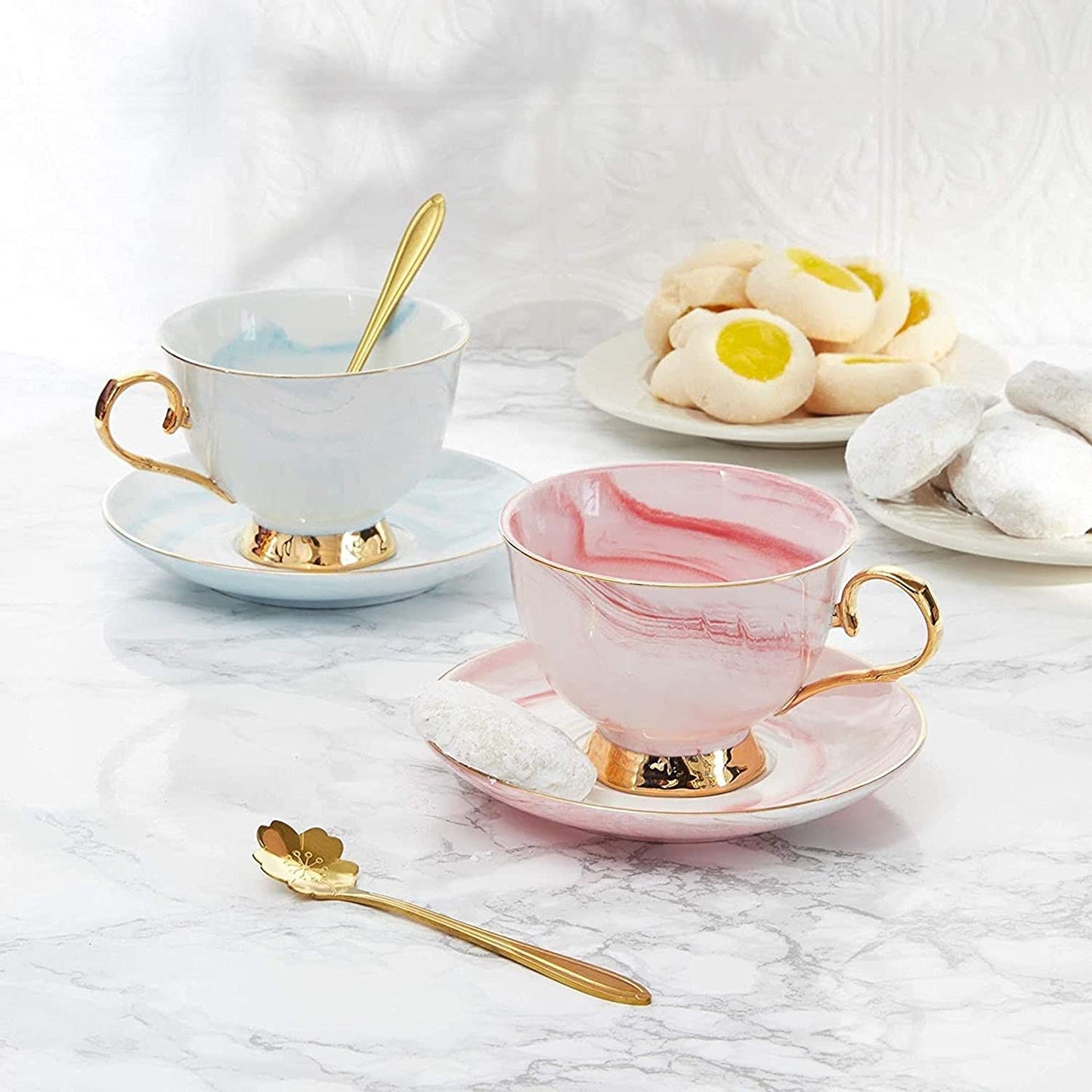 3-Piece Blue Marble Tea Cup and Saucer Gift Set for 1, 7 oz Teacup with Gold Spoon