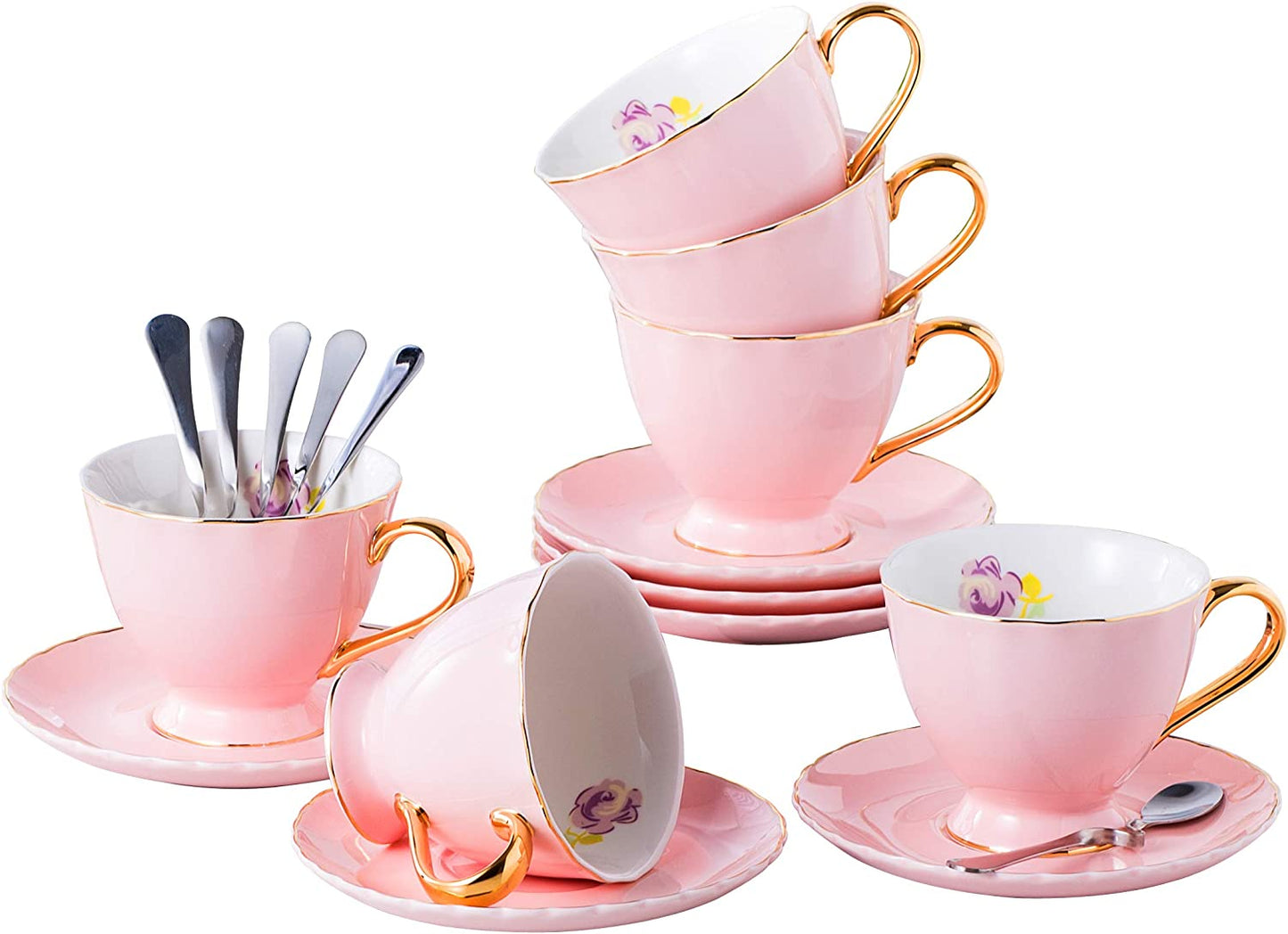 Jusalpha® Fine China Tea Cup and Saucer Coffee Cup Set with Saucer and Spoon Set of 6 (FD-TCS02 blue (6), 7oz)