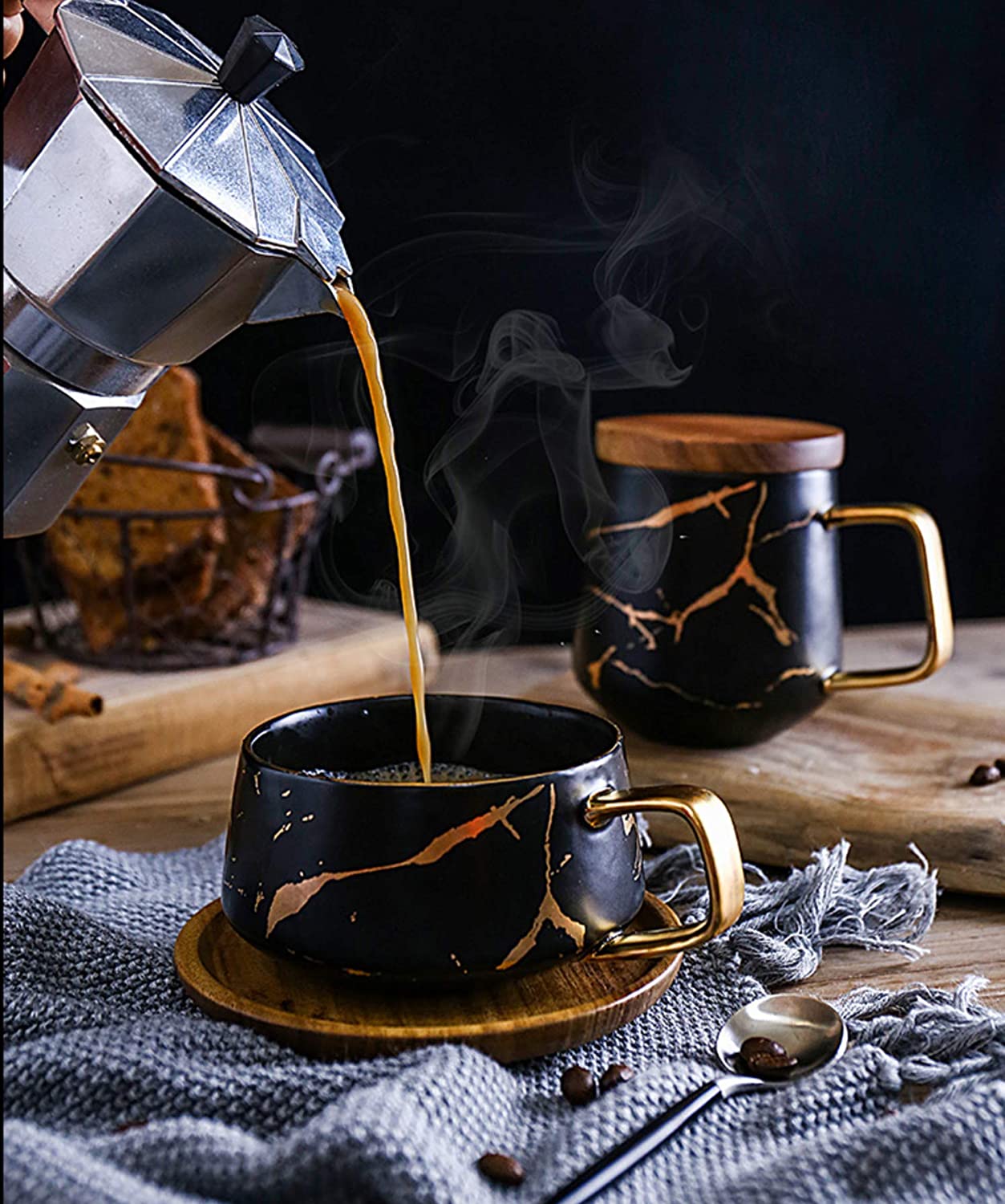 Jusalpha 10 oz Luxury Golden Hand Print Coffee Teacup with Bamboo Saucer Set Fashion Marble Pattern for Women TCS19 (White)