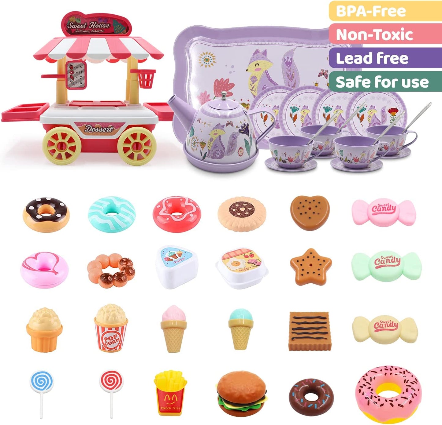 44PCS Tea Set for Little Girl, Princess Tea Time Toys Playset