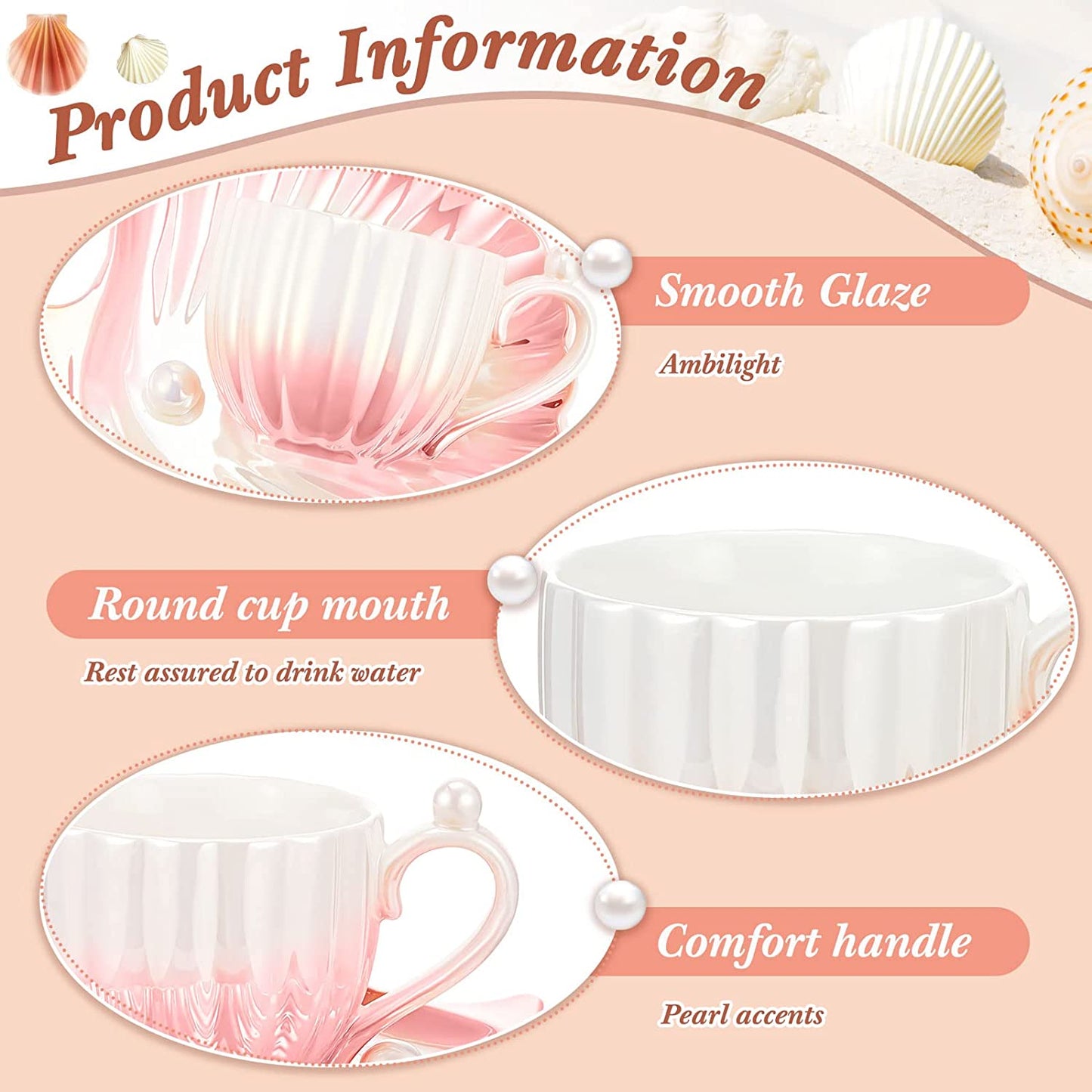 2 Pieces Ceramic Cloud Mug Cute Cup with Sunflower Coaster 7oz Cute Ceramic Coffee Mug with Saucer Set for Office Home Coffee Tea Latte Milk, Pink and Pearl White