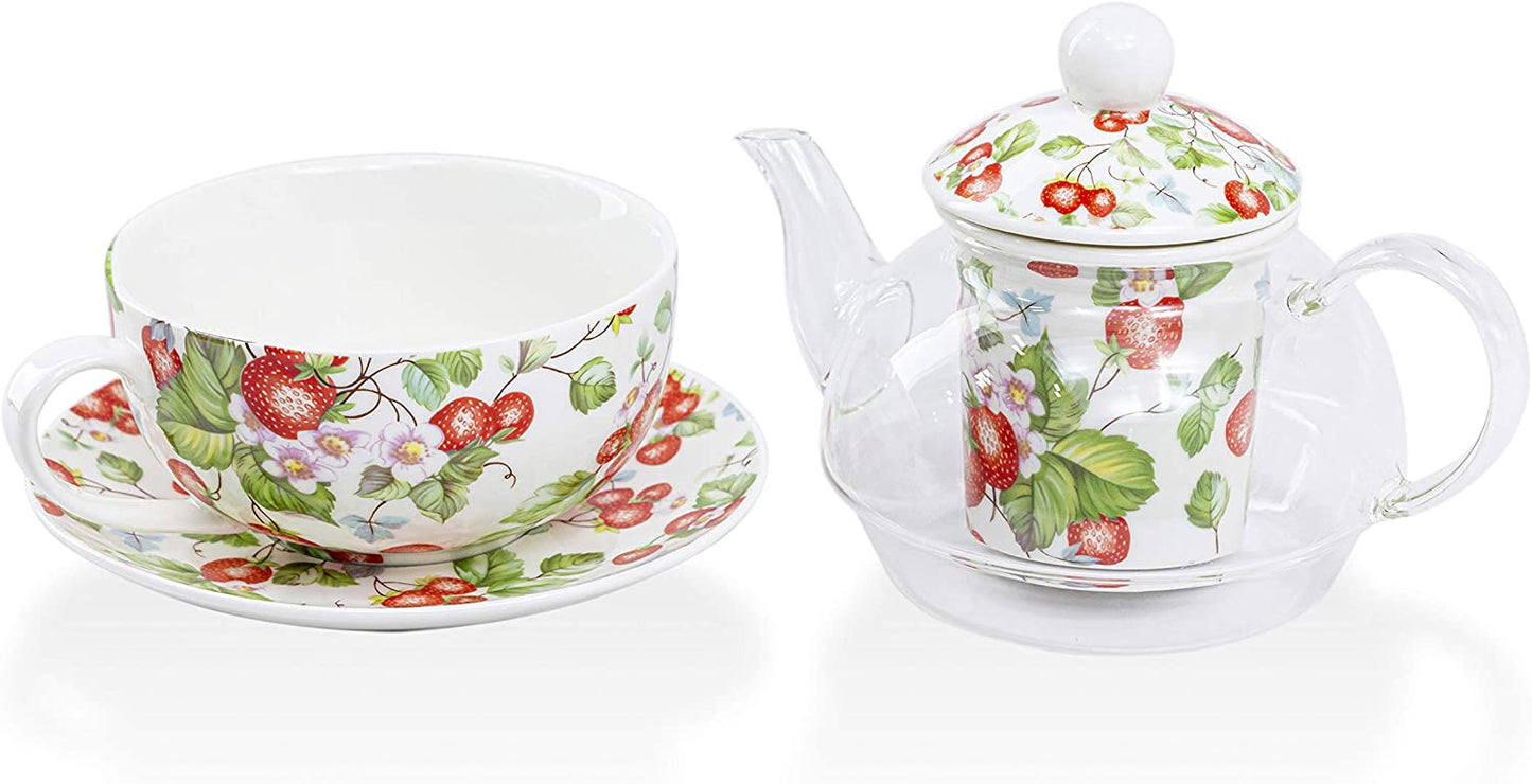 Grace Teaware 5-Piece Glass Porcelain 13-Ounce Tea For One With Infuser (Floral Strawberry Field)