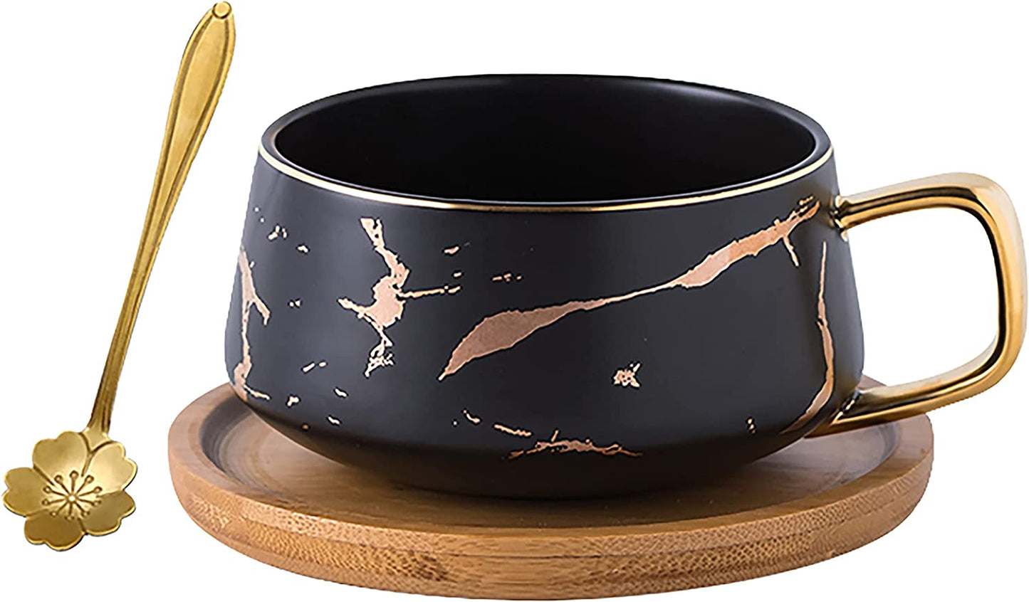Jusalpha 10 oz Luxury Golden Hand Print Coffee Teacup with Bamboo Saucer Set Fashion Marble Pattern for Women TCS19 (White)