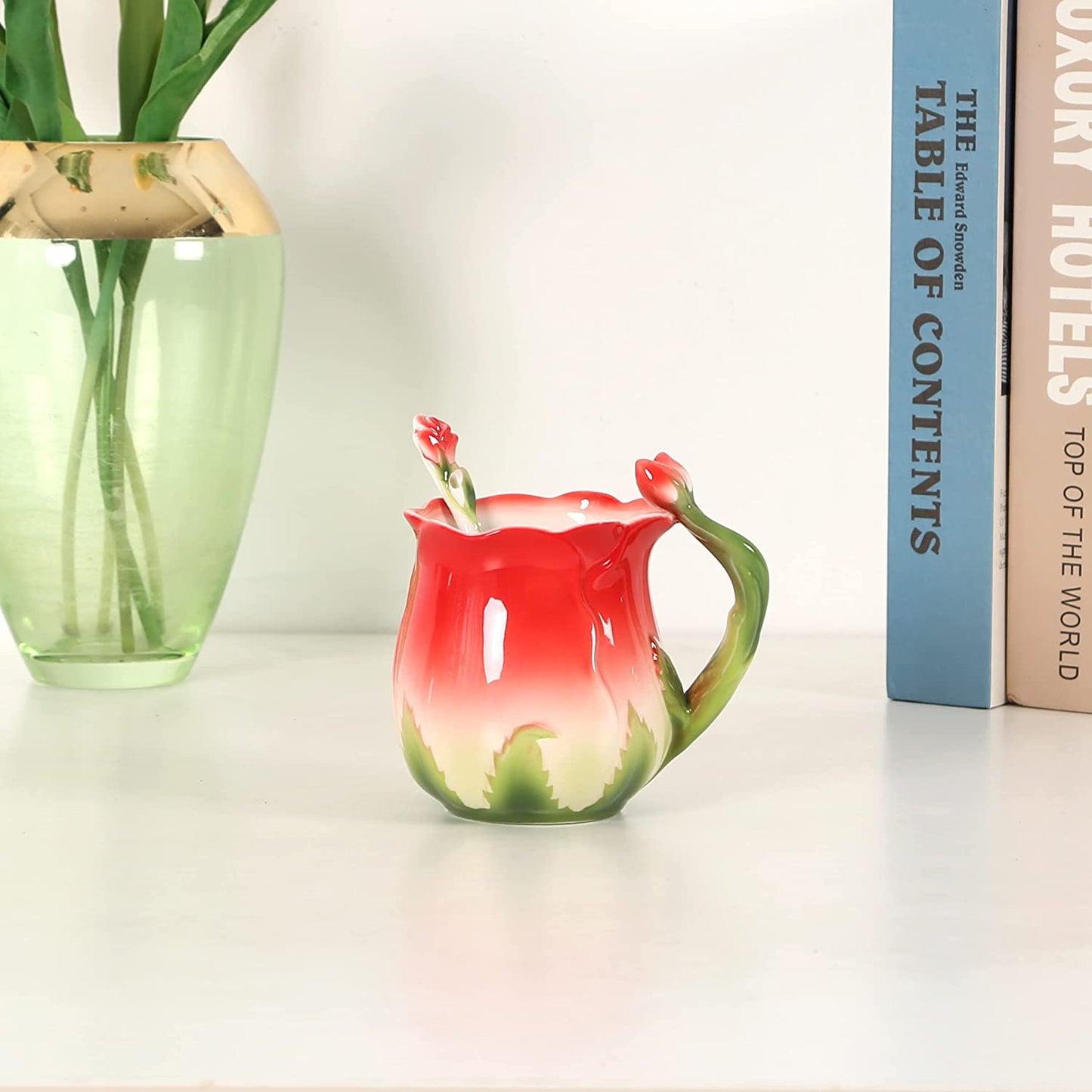 ENCOFT Ceramic Tea Cups Flower Tea Cup Set for Women with Spoon Rose Shape Design Mushroom Cup Gifts (Blue)