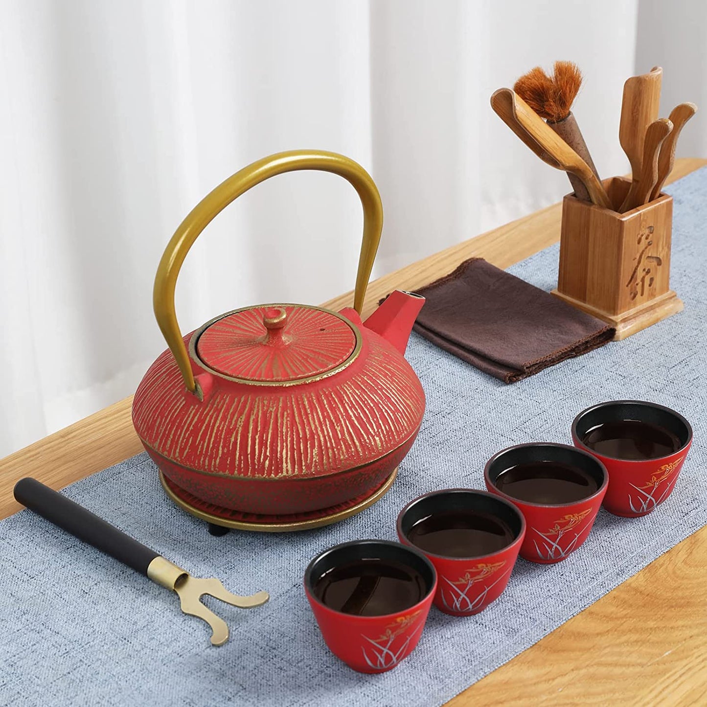 Japanese Style Cast Iron Teapot with 4 Tea Cups Trivet Tetsubin Tea Kettle with Infuser Chinese Tea Set for Adults Iron Tea Pots Black (Magpie and Plum Pattern)