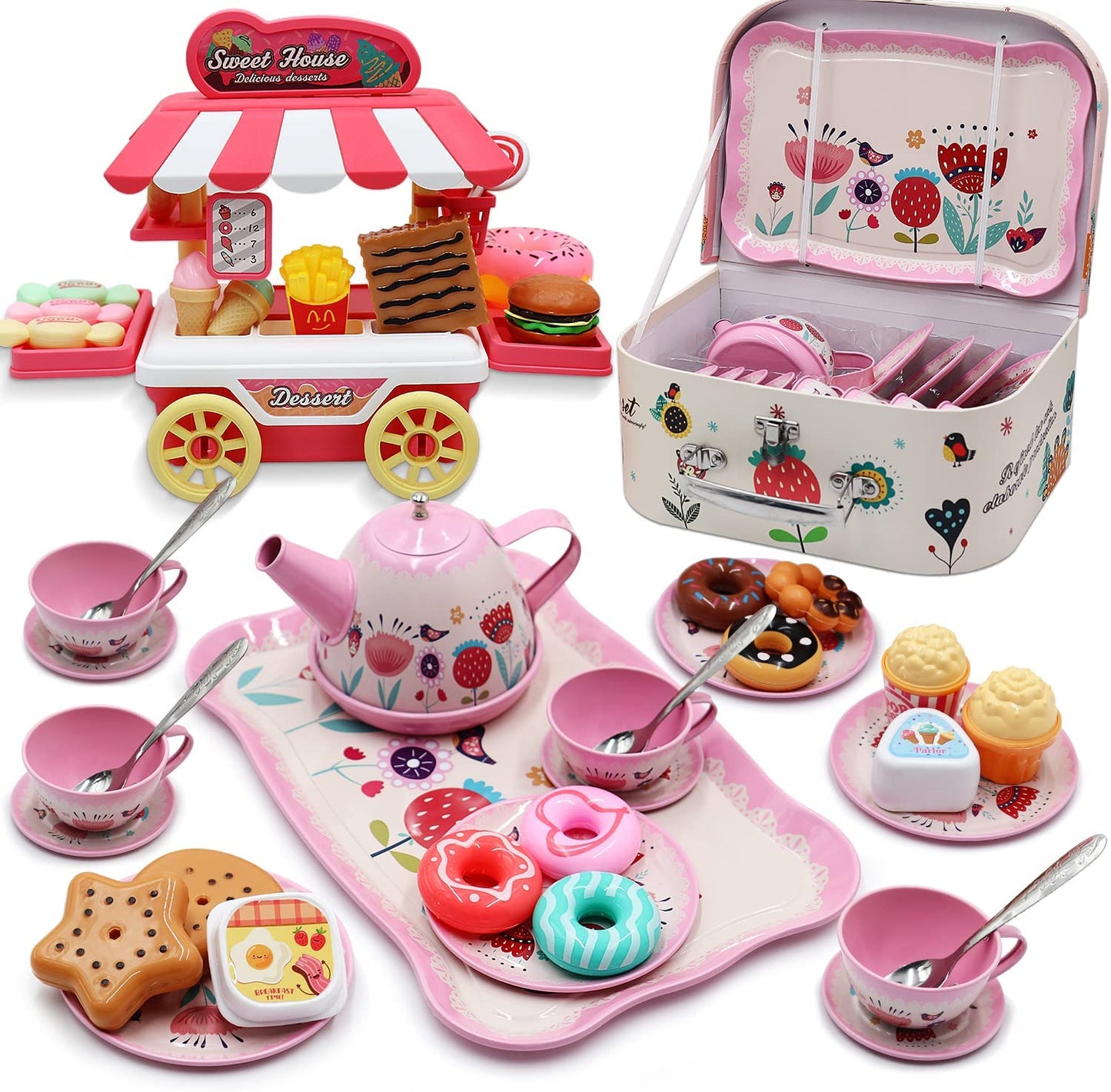 44PCS Tea Set for Little Girl, Princess Tea Time Toys Playset