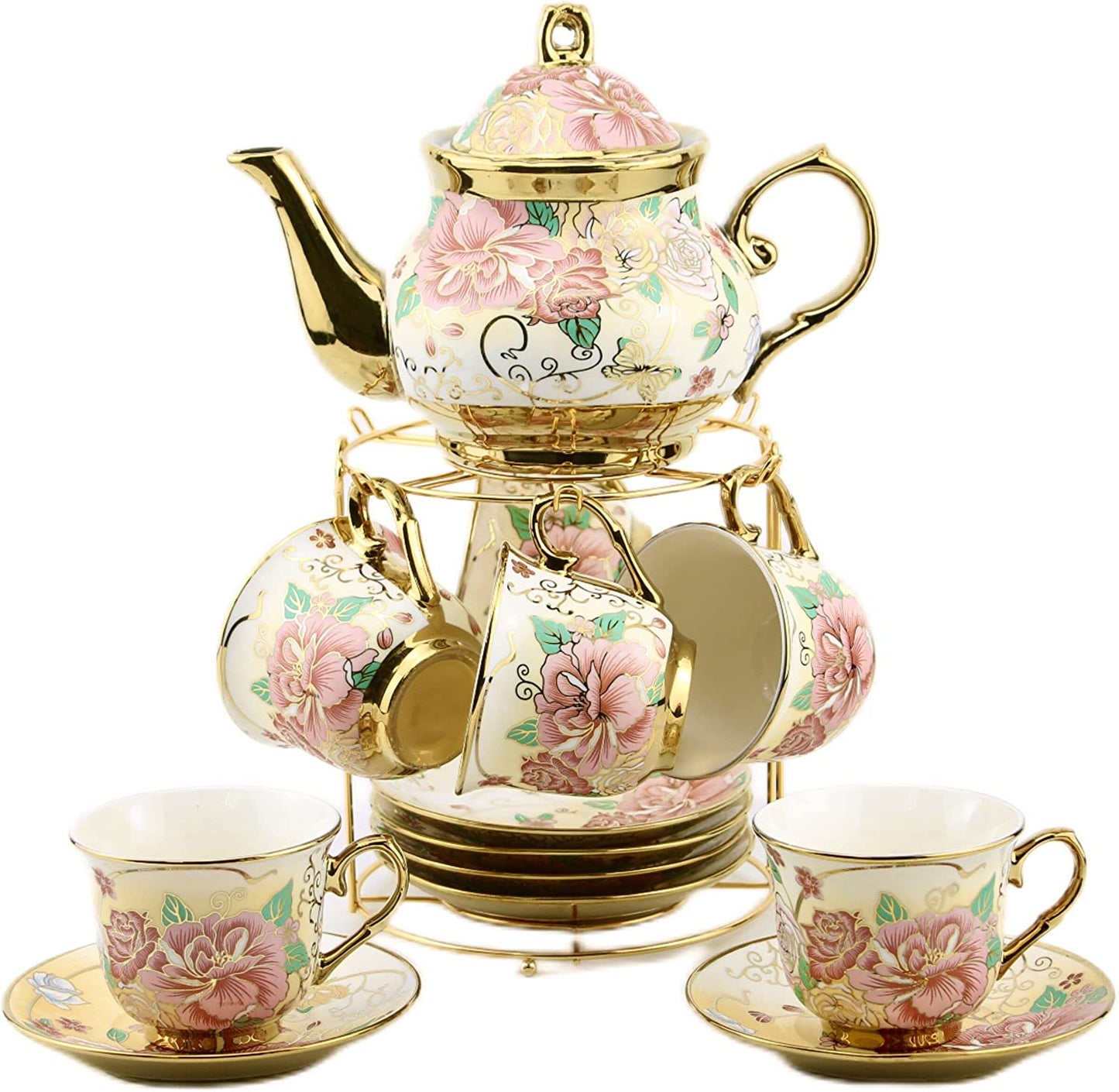 Gilded Pastel Garden 20 Pieces Porcelain Tea Set With Metal Holder