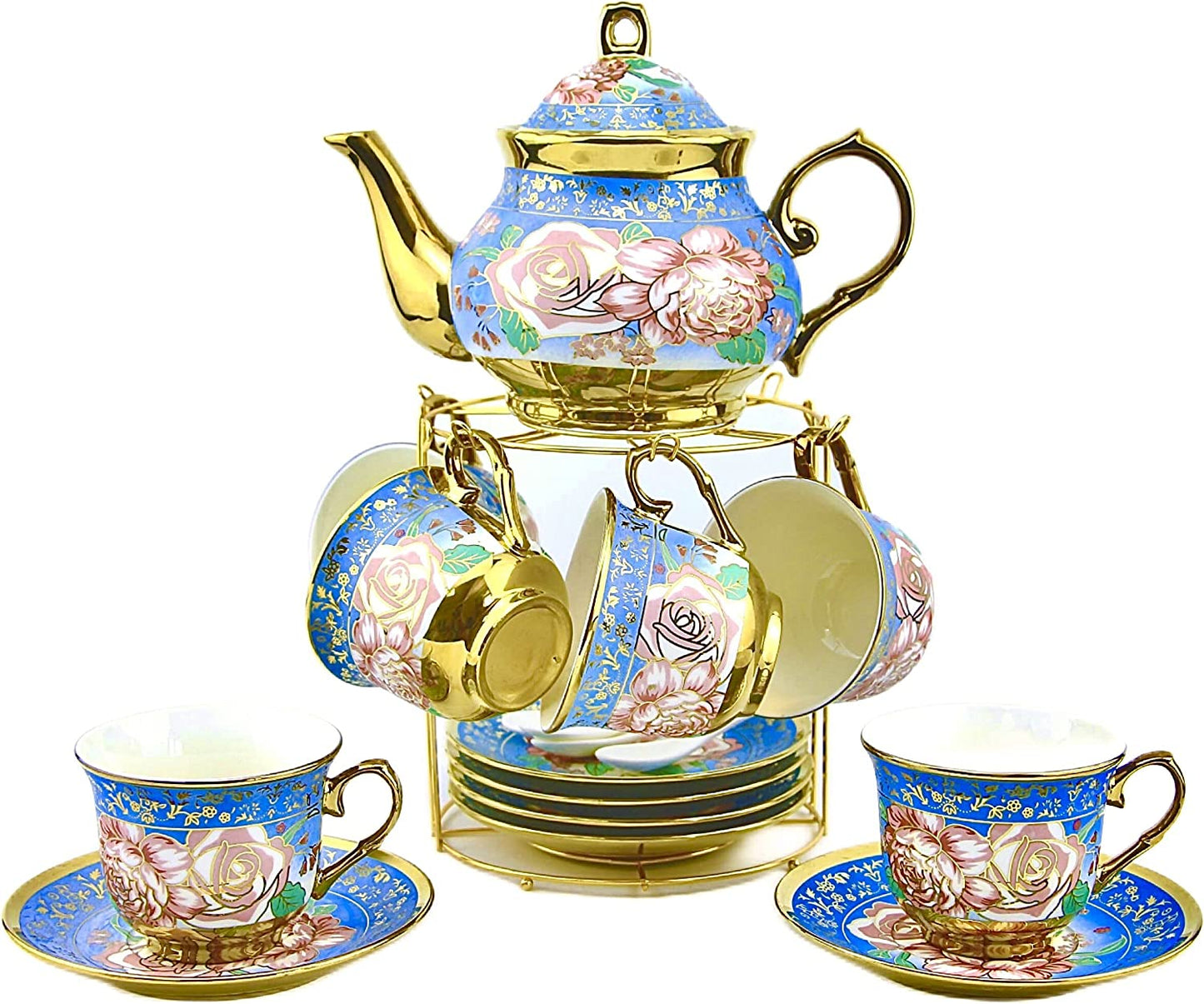 Gilded Pastel Garden 20 Pieces Porcelain Tea Set With Metal Holder