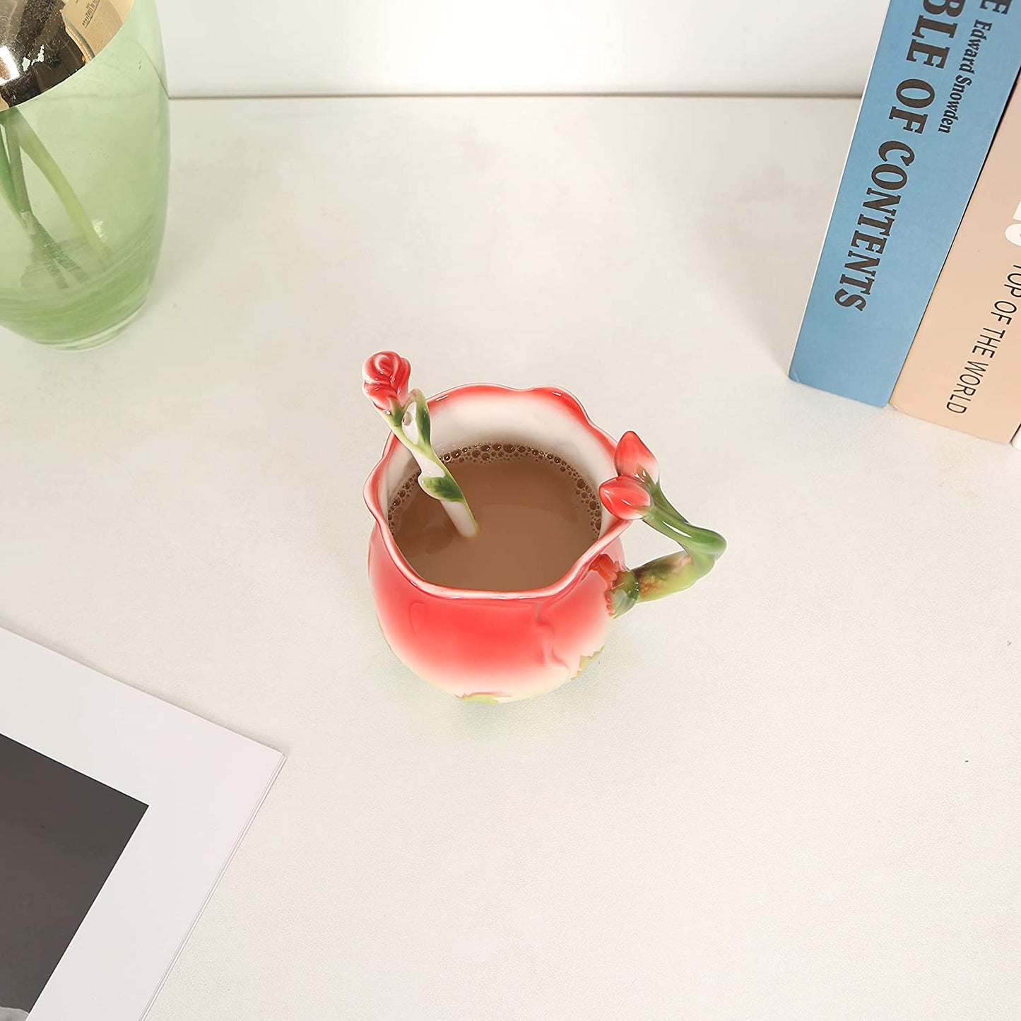 ENCOFT Ceramic Tea Cups Flower Tea Cup Set for Women with Spoon Rose Shape Design Mushroom Cup Gifts (Blue)