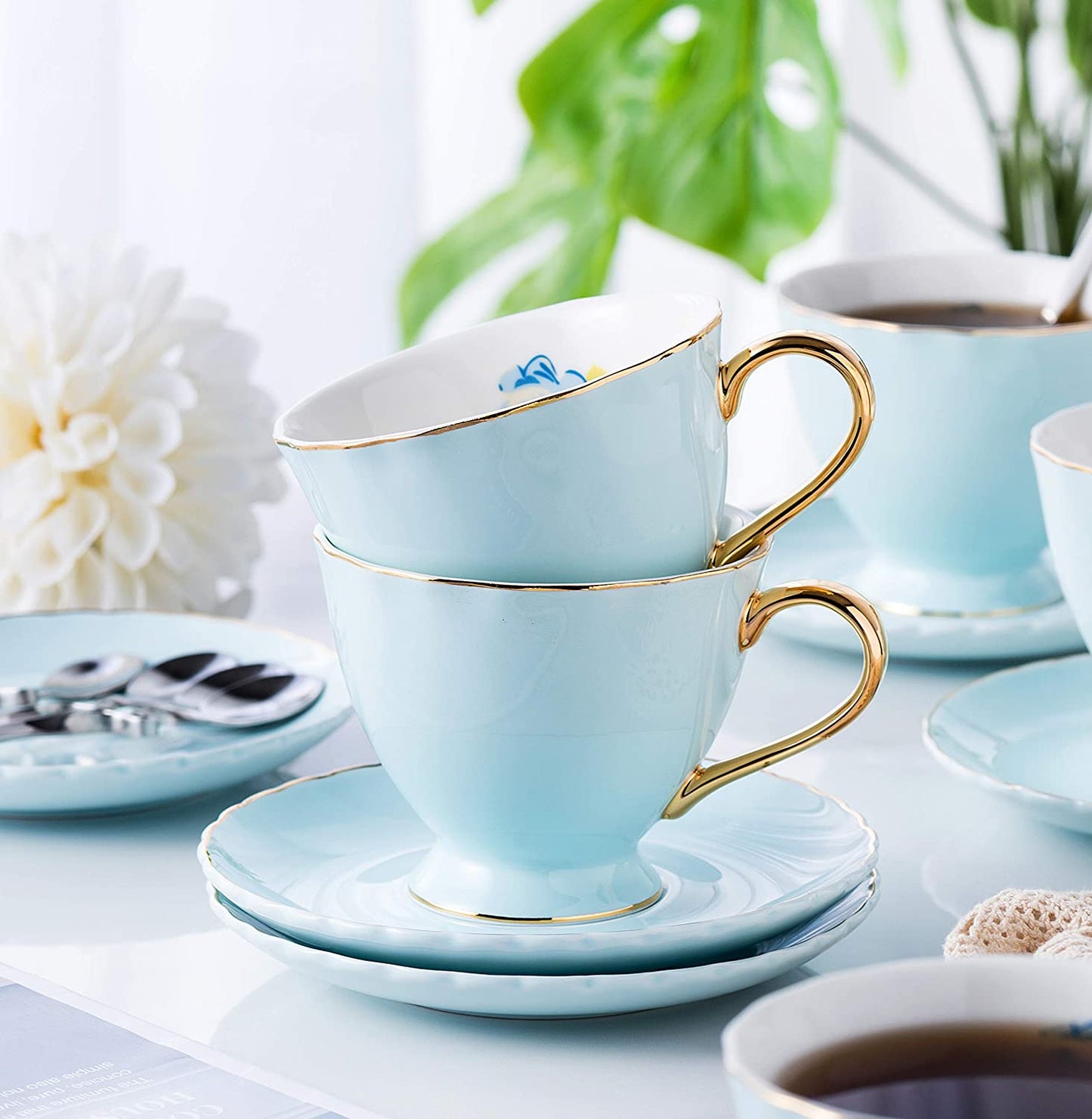 Jusalpha® Fine China Tea Cup and Saucer Coffee Cup Set with Saucer and Spoon Set of 6 (FD-TCS02 blue (6), 7oz)
