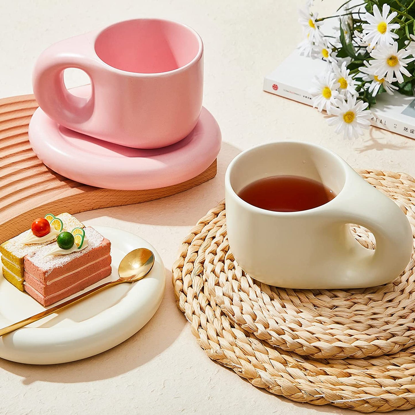 2 Pieces Ceramic Cloud Mug Cute Cup with Sunflower Coaster 7oz Cute Ceramic Coffee Mug with Saucer Set for Office Home Coffee Tea Latte Milk, Pink and Pearl White