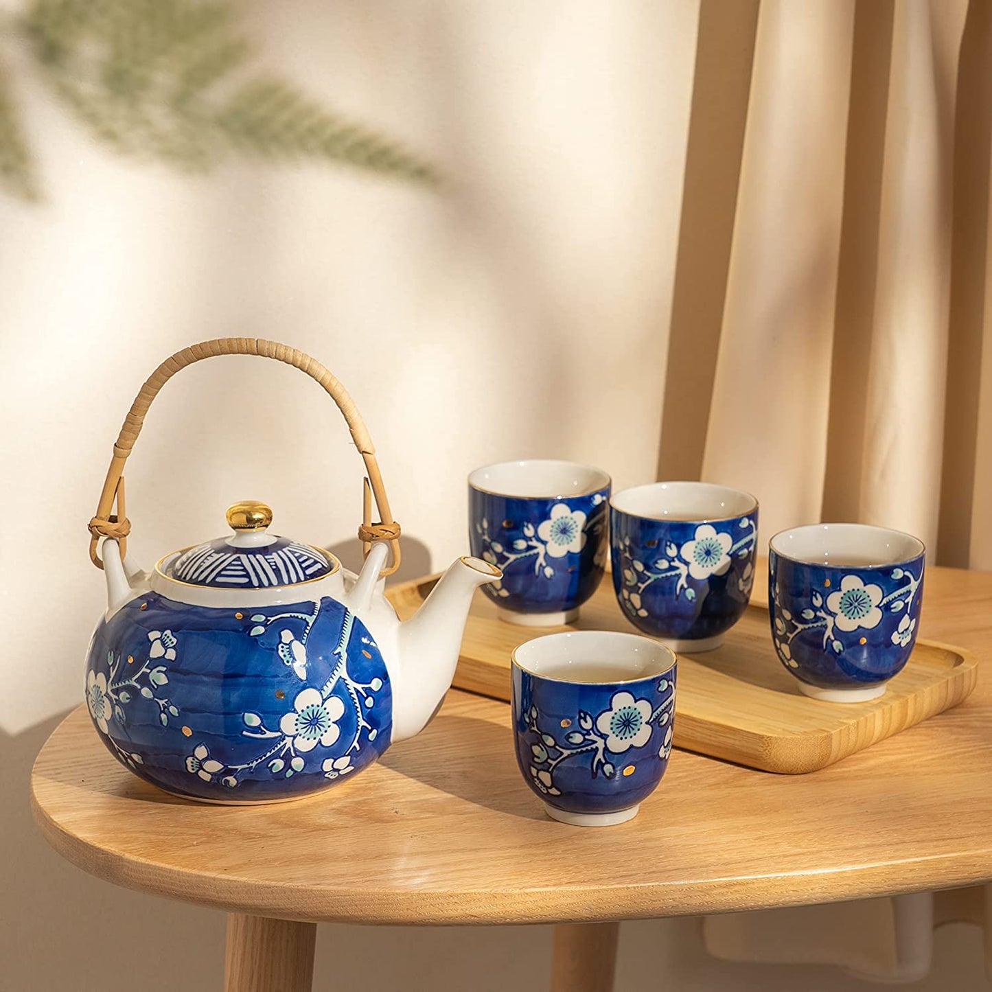 Cobalt Japanese Ceramic Tea Sets with 1 Teapot, 4 Tea Cups, Infuser, Tray