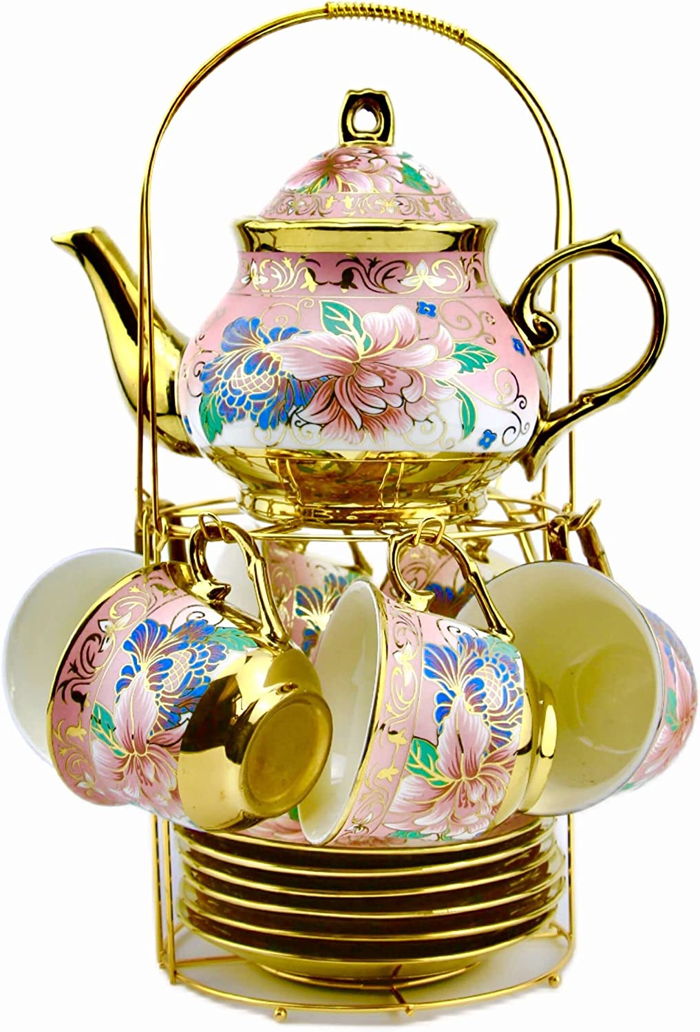 Gilded Pastel Garden 20 Pieces Porcelain Tea Set With Metal Holder