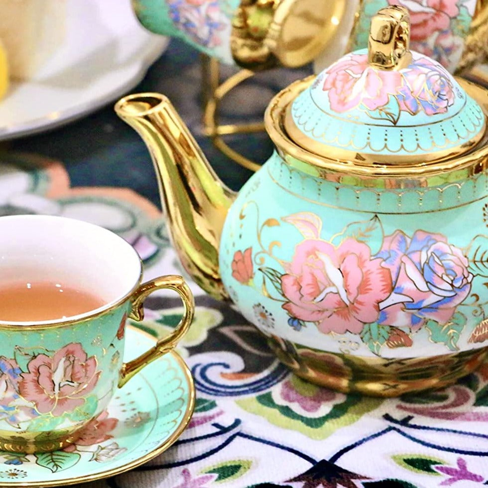 Gilded Pastel Garden 20 Pieces Porcelain Tea Set With Metal Holder