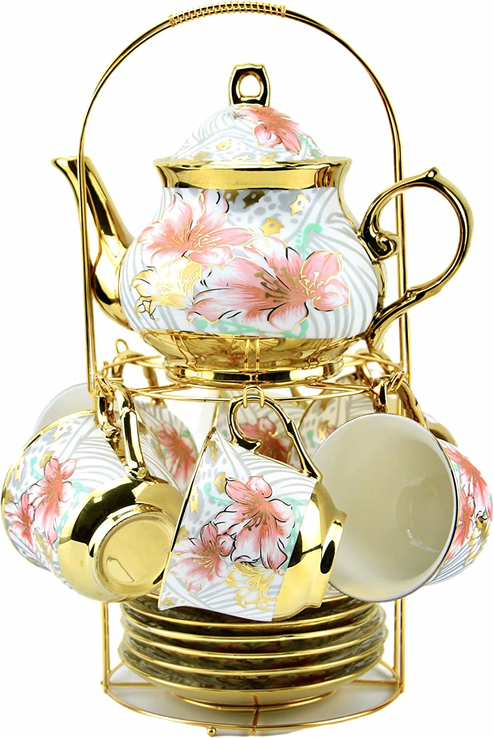 Gilded Pastel Garden 20 Pieces Porcelain Tea Set With Metal Holder