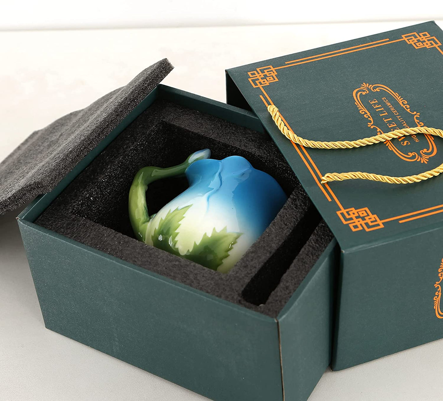 ENCOFT Ceramic Tea Cups Flower Tea Cup Set for Women with Spoon Rose Shape Design Mushroom Cup Gifts (Blue)