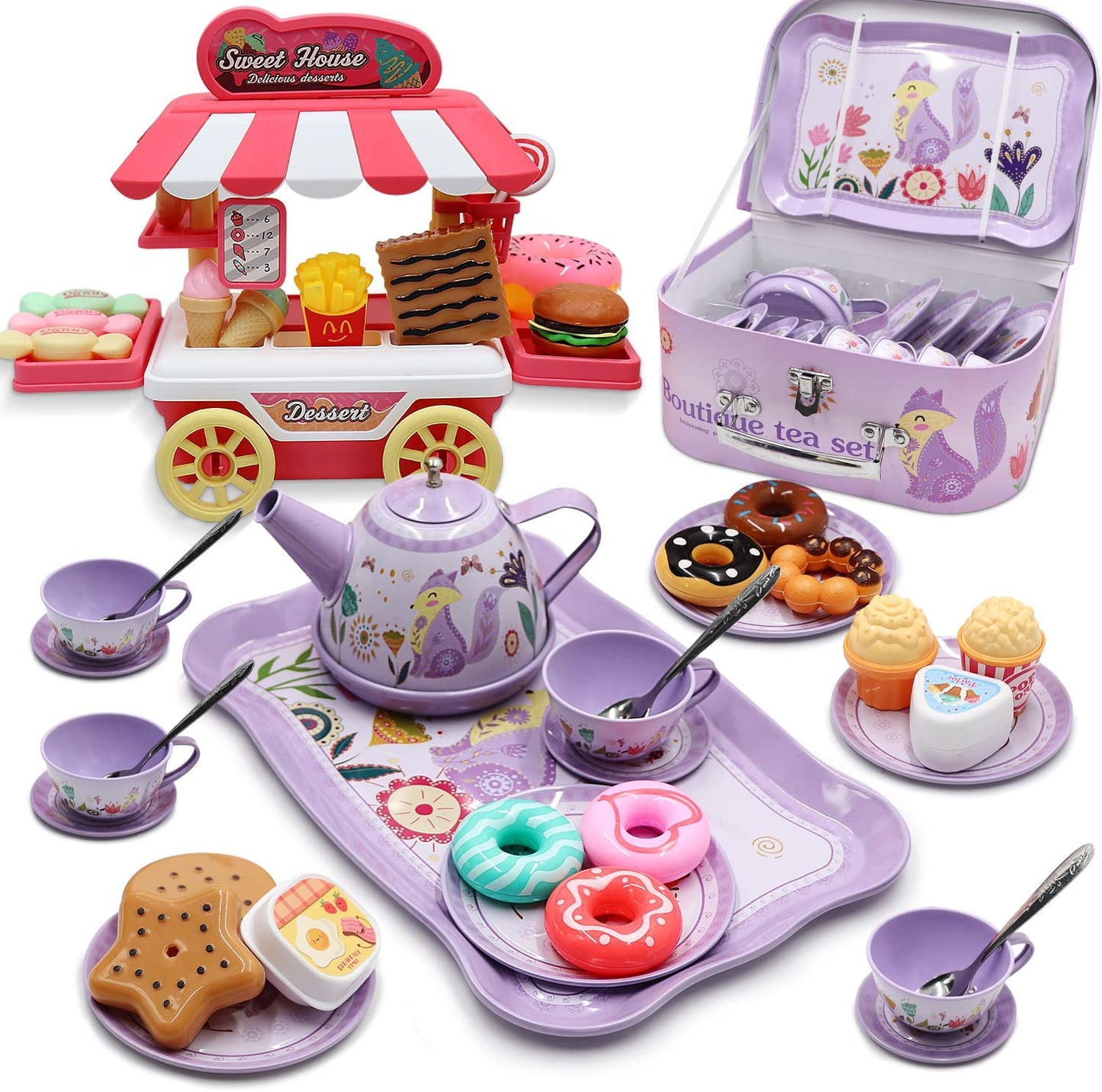 44PCS Tea Set for Little Girl, Princess Tea Time Toys Playset