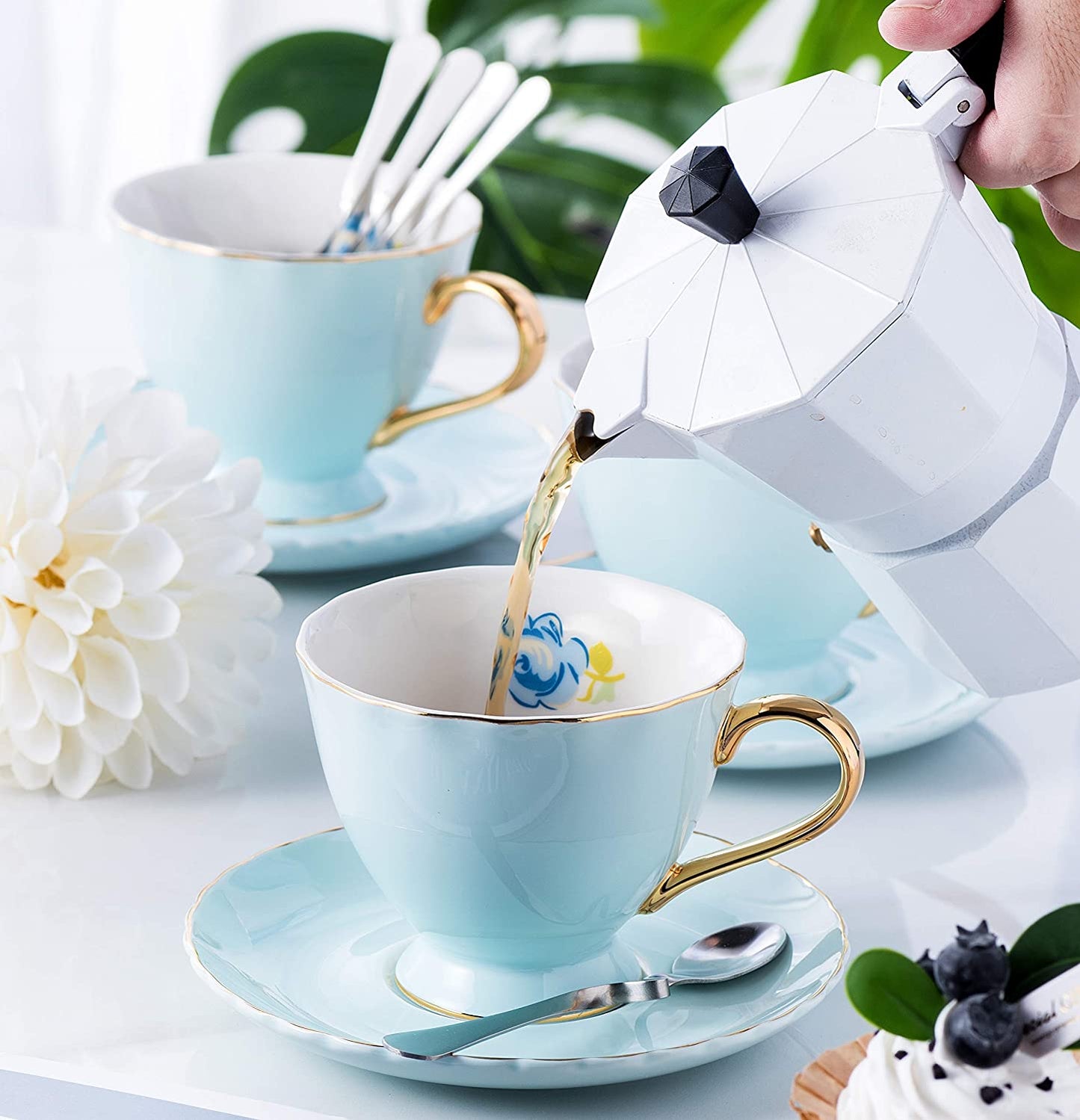 Jusalpha® Fine China Tea Cup and Saucer Coffee Cup Set with Saucer and Spoon Set of 6 (FD-TCS02 blue (6), 7oz)