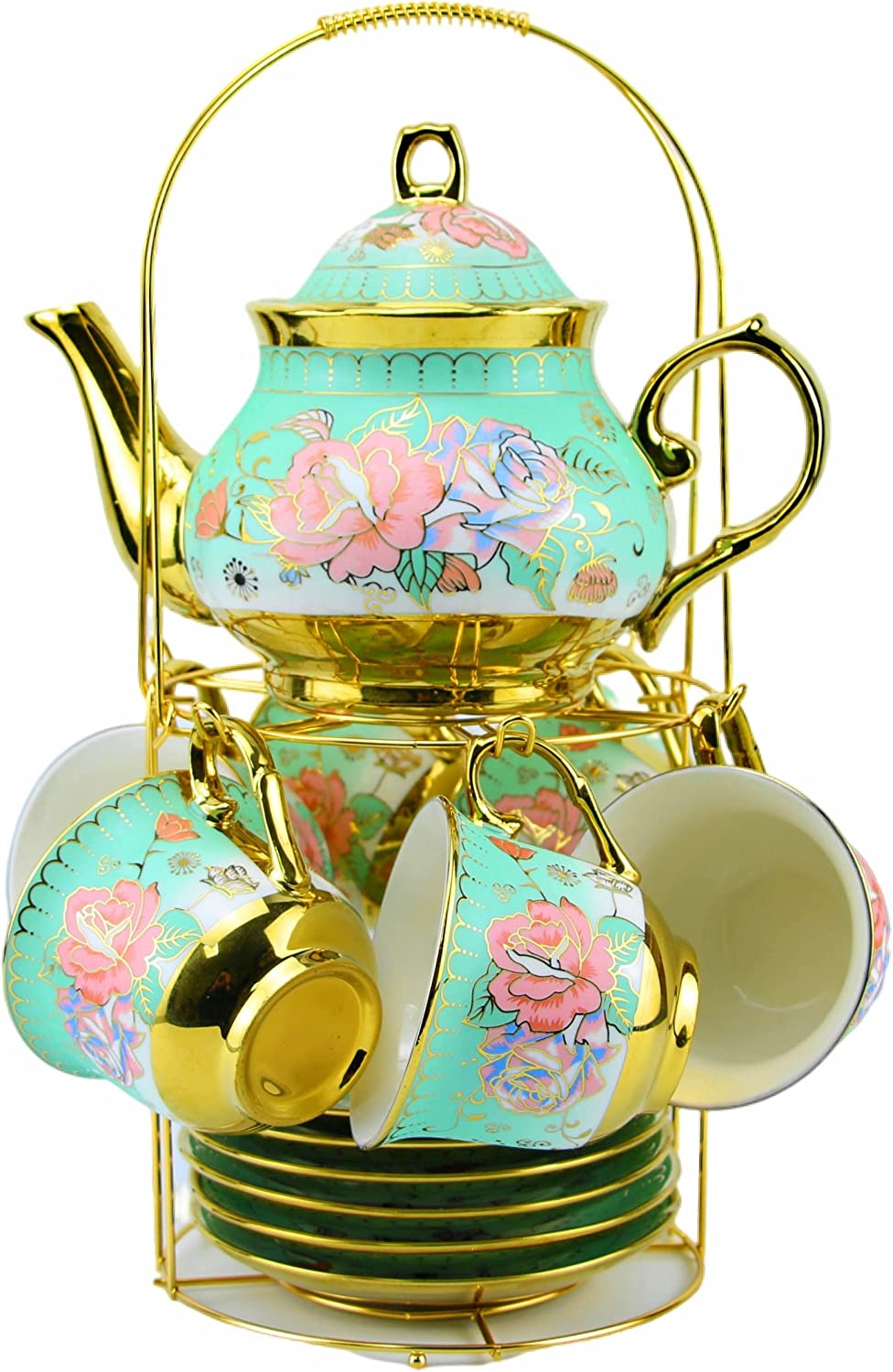 Gilded Pastel Garden 20 Pieces Porcelain Tea Set With Metal Holder