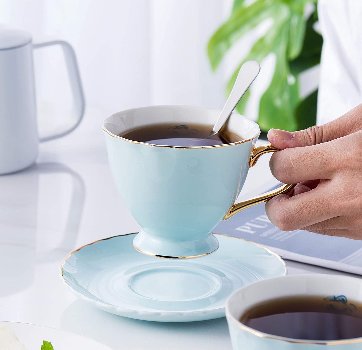 Jusalpha® Fine China Tea Cup and Saucer Coffee Cup Set with Saucer and Spoon Set of 6 (FD-TCS02 blue (6), 7oz)