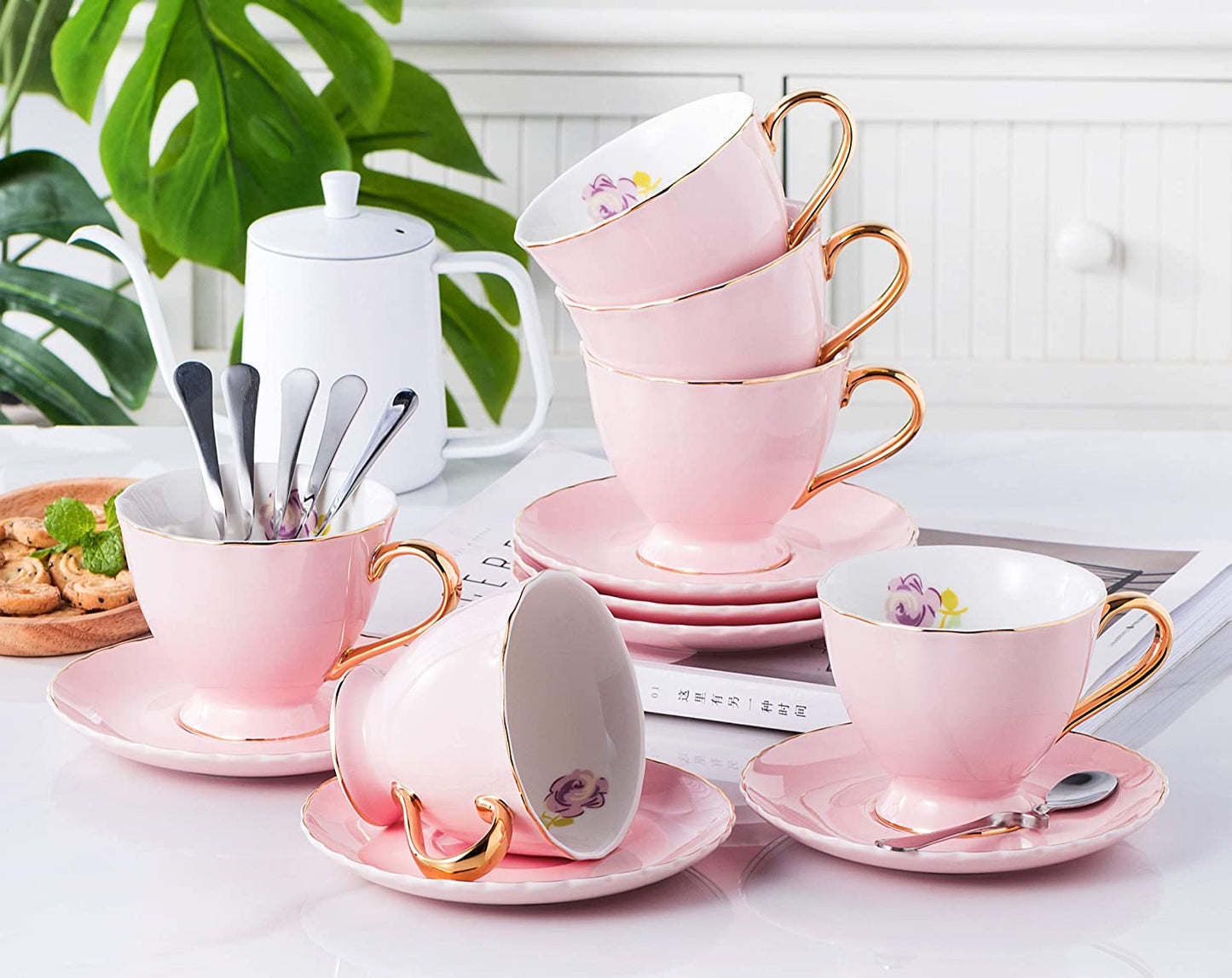 Jusalpha® Fine China Tea Cup and Saucer Coffee Cup Set with Saucer and Spoon Set of 6 (FD-TCS02 blue (6), 7oz)
