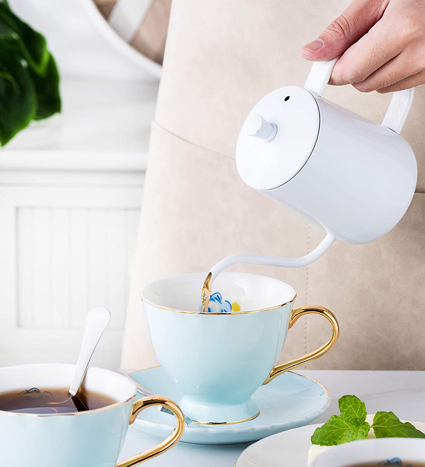 Jusalpha® Fine China Tea Cup and Saucer Coffee Cup Set with Saucer and Spoon Set of 6 (FD-TCS02 blue (6), 7oz)