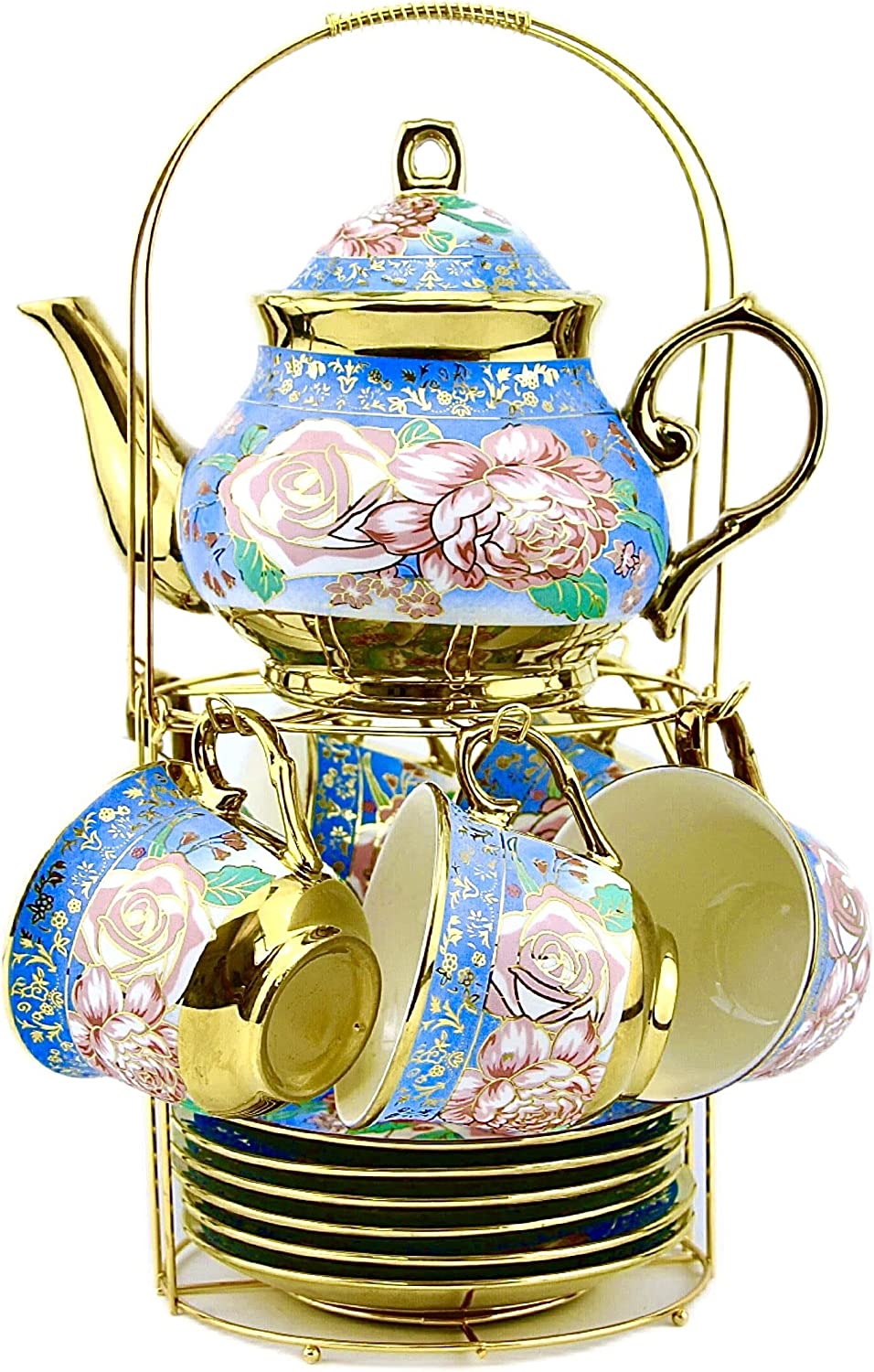 Gilded Pastel Garden 20 Pieces Porcelain Tea Set With Metal Holder