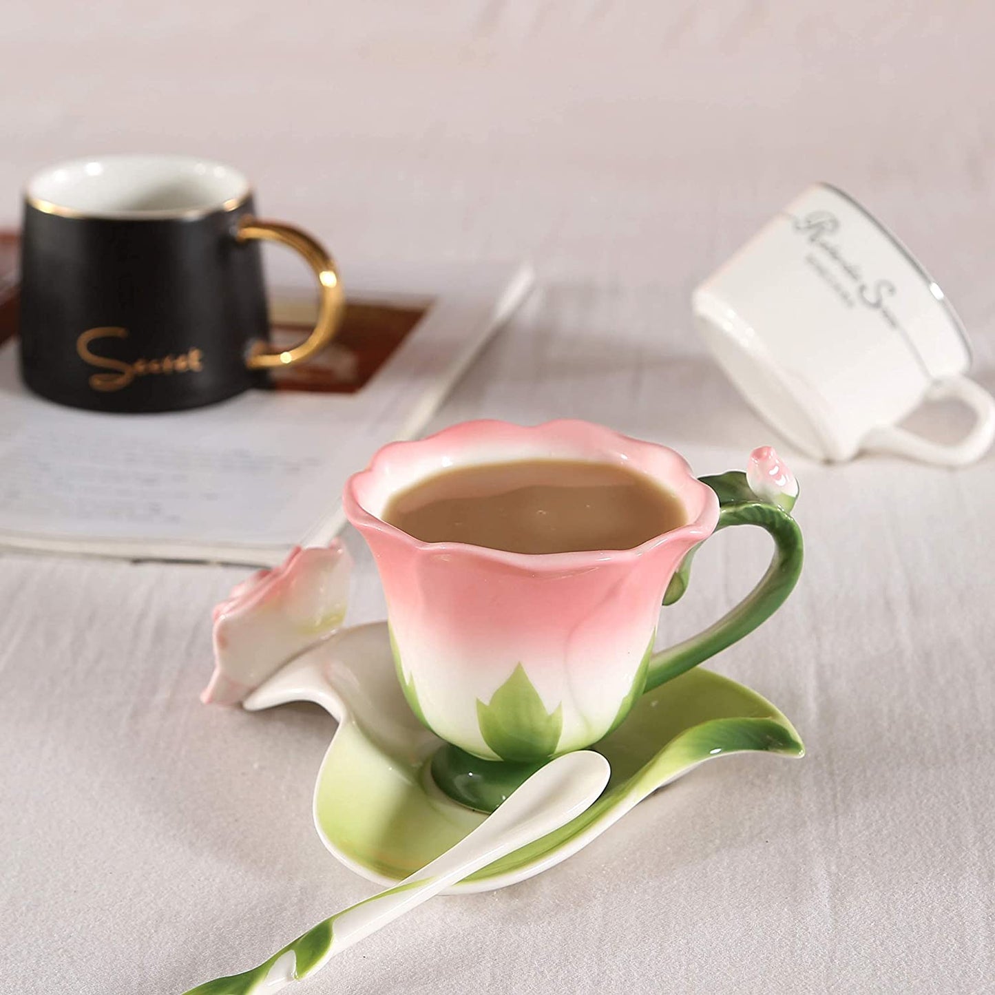 ENCOFT Ceramic Tea Cups Flower Tea Cup Set for Women with Spoon Rose Shape Design Mushroom Cup Gifts (Blue)