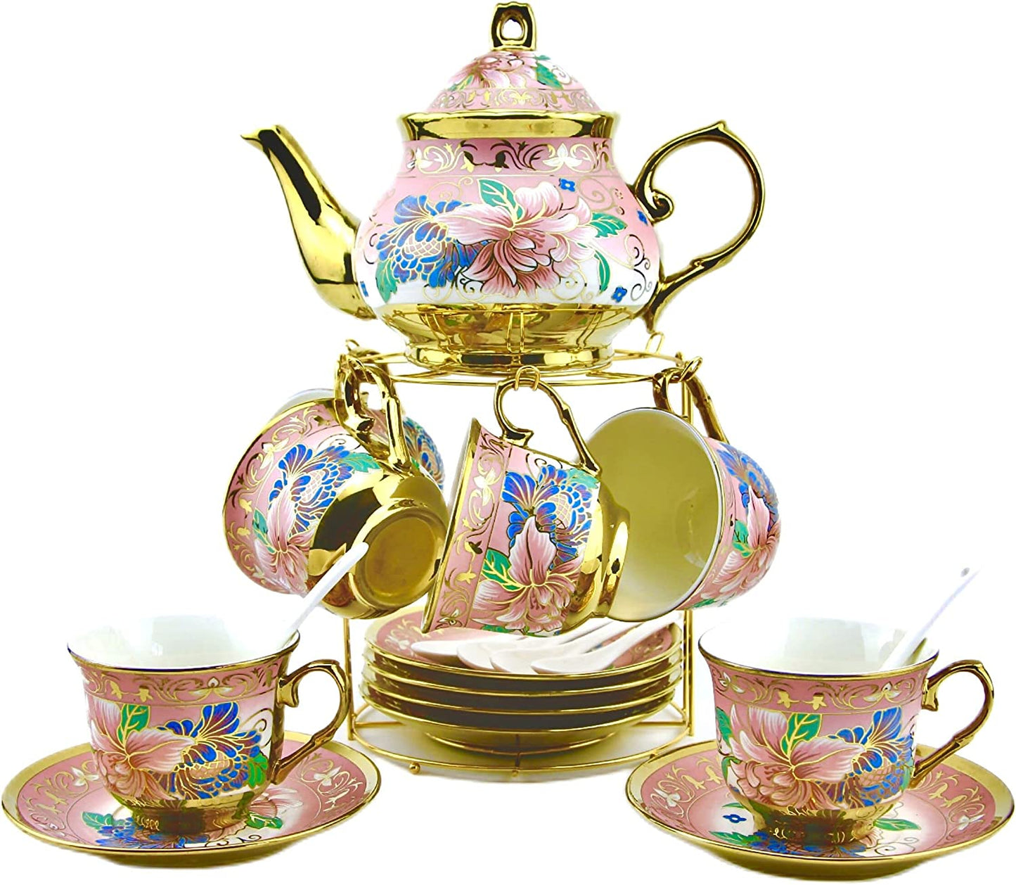 Gilded Pastel Garden 20 Pieces Porcelain Tea Set With Metal Holder