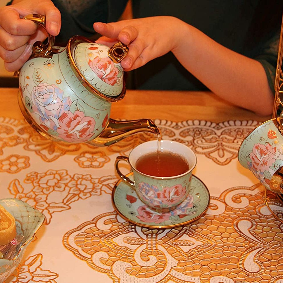 Gilded Pastel Garden 20 Pieces Porcelain Tea Set With Metal Holder
