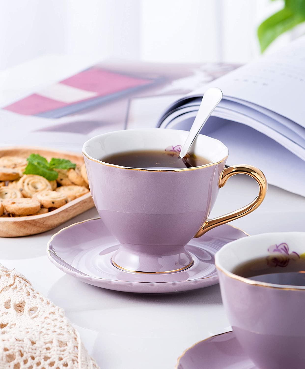 Jusalpha® Fine China Tea Cup and Saucer Coffee Cup Set with Saucer and Spoon Set of 6 (FD-TCS02 blue (6), 7oz)