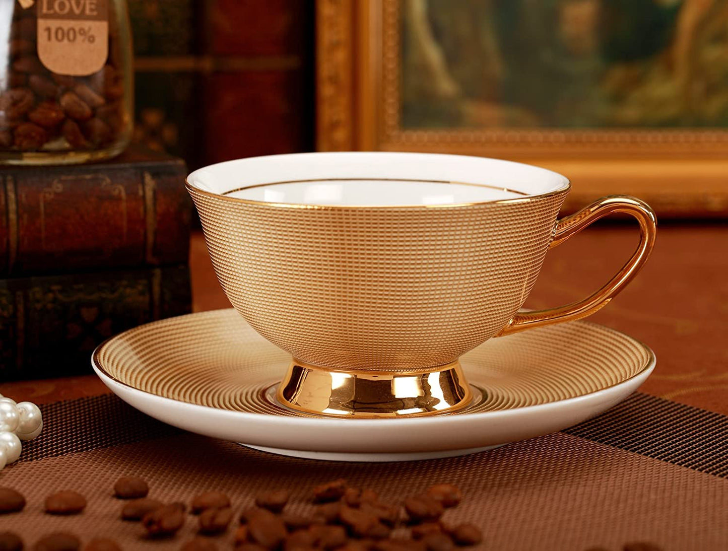Jusalpha® Porcelain Tea Set-Golden Brown Tea Cup and Saucer Coffee Cup Set with Spoon FD-TCS09 (Set of 6)