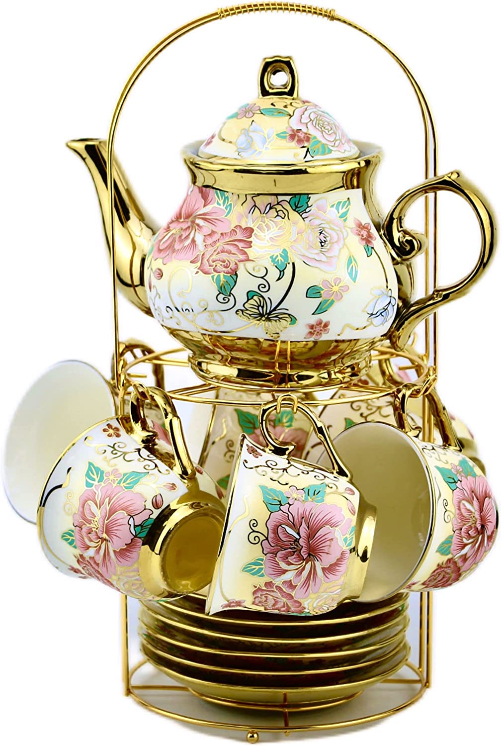 Gilded Pastel Garden 20 Pieces Porcelain Tea Set With Metal Holder