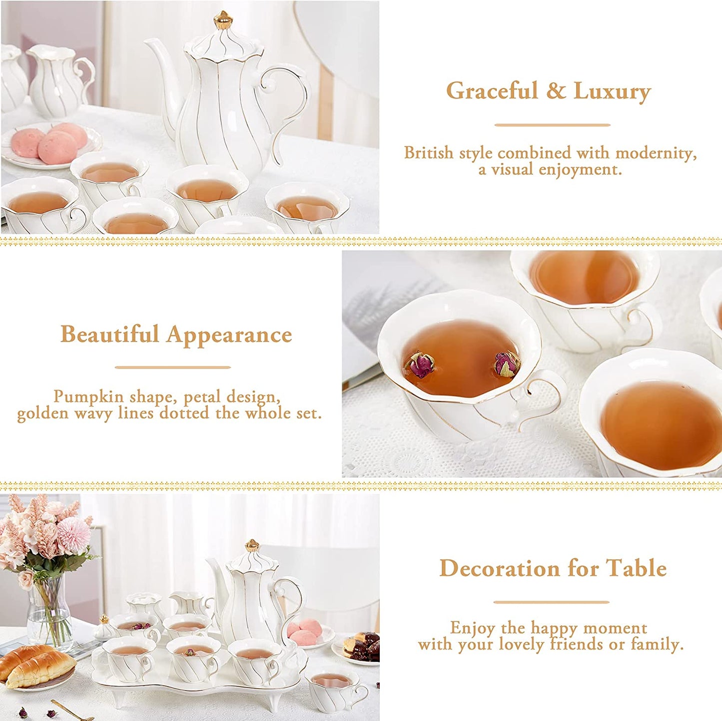 French Swirl Porcelain 14 pcs Tea Set for 6 with Tea Tray & Spoons