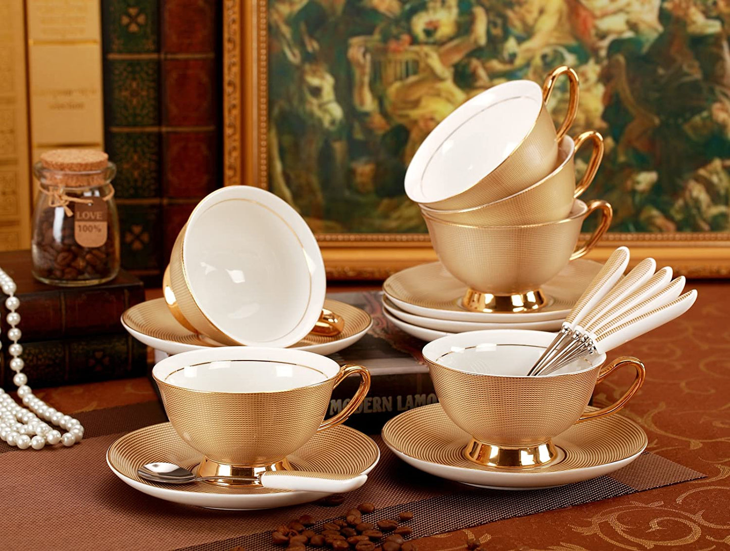 Jusalpha® Porcelain Tea Set-Golden Brown Tea Cup and Saucer Coffee Cup Set with Spoon FD-TCS09 (Set of 6)