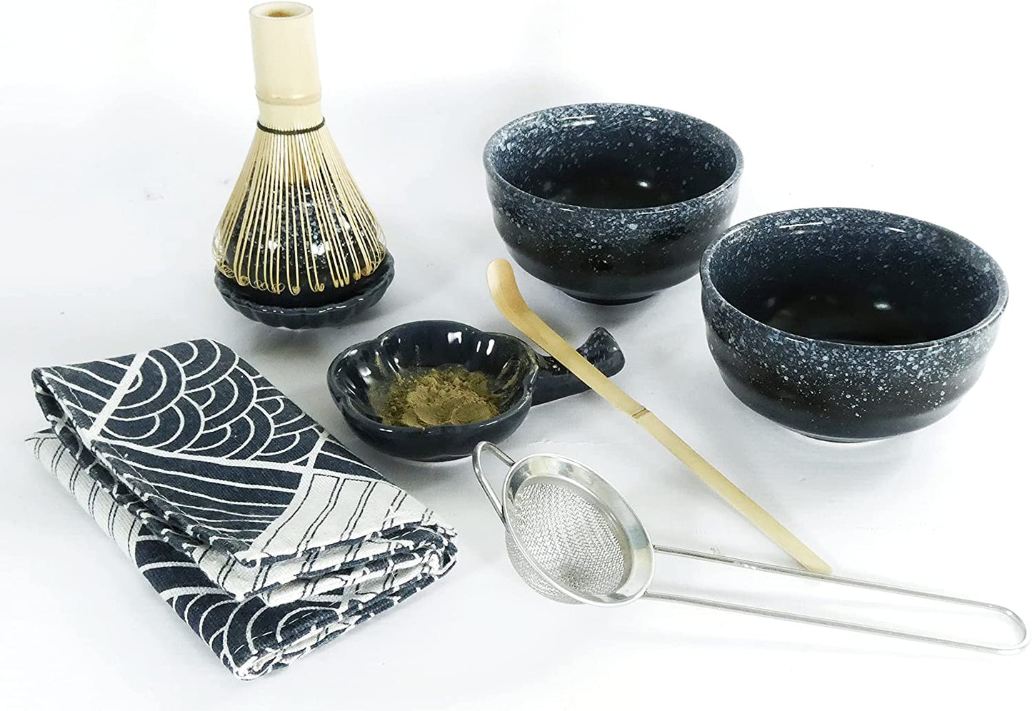 Harold & Harold 9 Pieces Matcha Starter Tea Set. 2 Bowl Kit With Japanese Ceremony Style Bamboo Whisk Mixer 2 Piece Special Unique Anti Drip Holder And Traditional Table Runner. Exclusive Accessories
