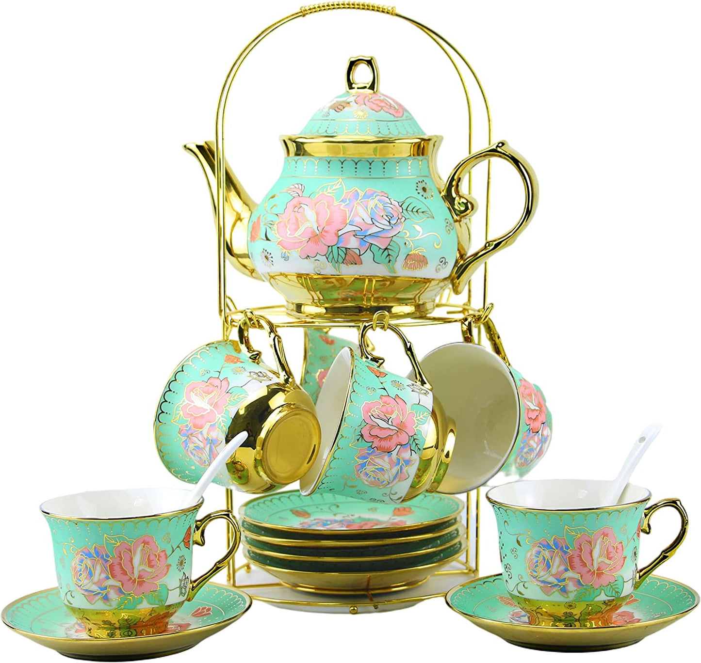Gilded Pastel Garden 20 Pieces Porcelain Tea Set With Metal Holder