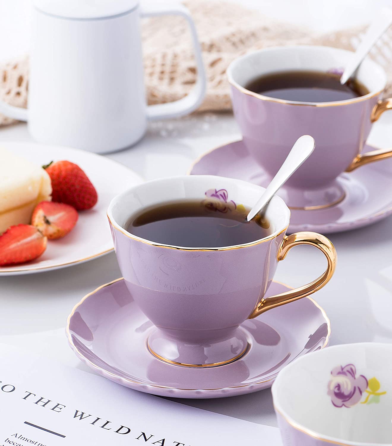 Jusalpha® Fine China Tea Cup and Saucer Coffee Cup Set with Saucer and Spoon Set of 6 (FD-TCS02 blue (6), 7oz)