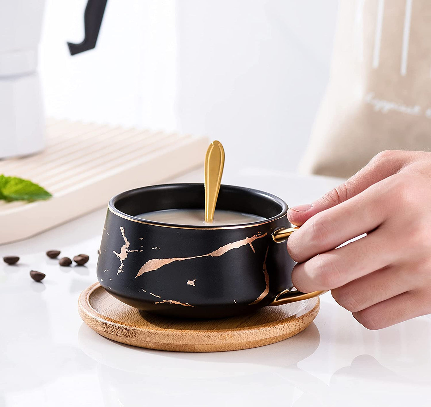 Jusalpha 10 oz Luxury Golden Hand Print Coffee Teacup with Bamboo Saucer Set Fashion Marble Pattern for Women TCS19 (White)