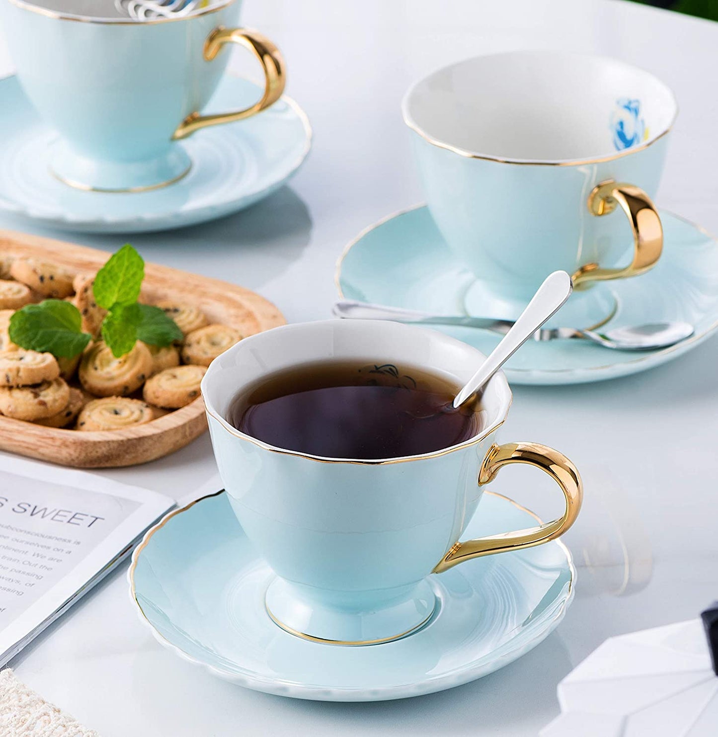 Jusalpha® Fine China Tea Cup and Saucer Coffee Cup Set with Saucer and Spoon Set of 6 (FD-TCS02 blue (6), 7oz)