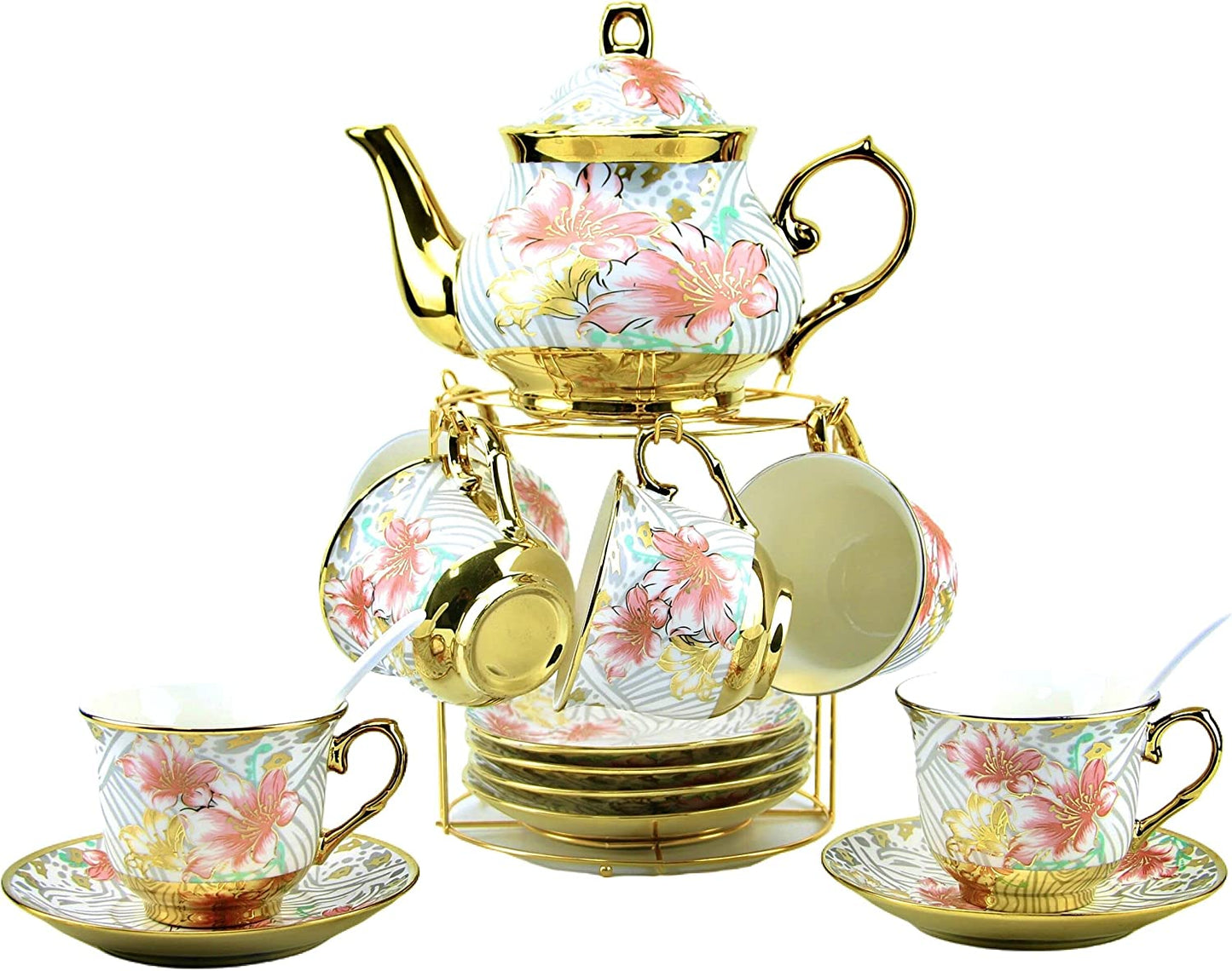 Gilded Pastel Garden 20 Pieces Porcelain Tea Set With Metal Holder