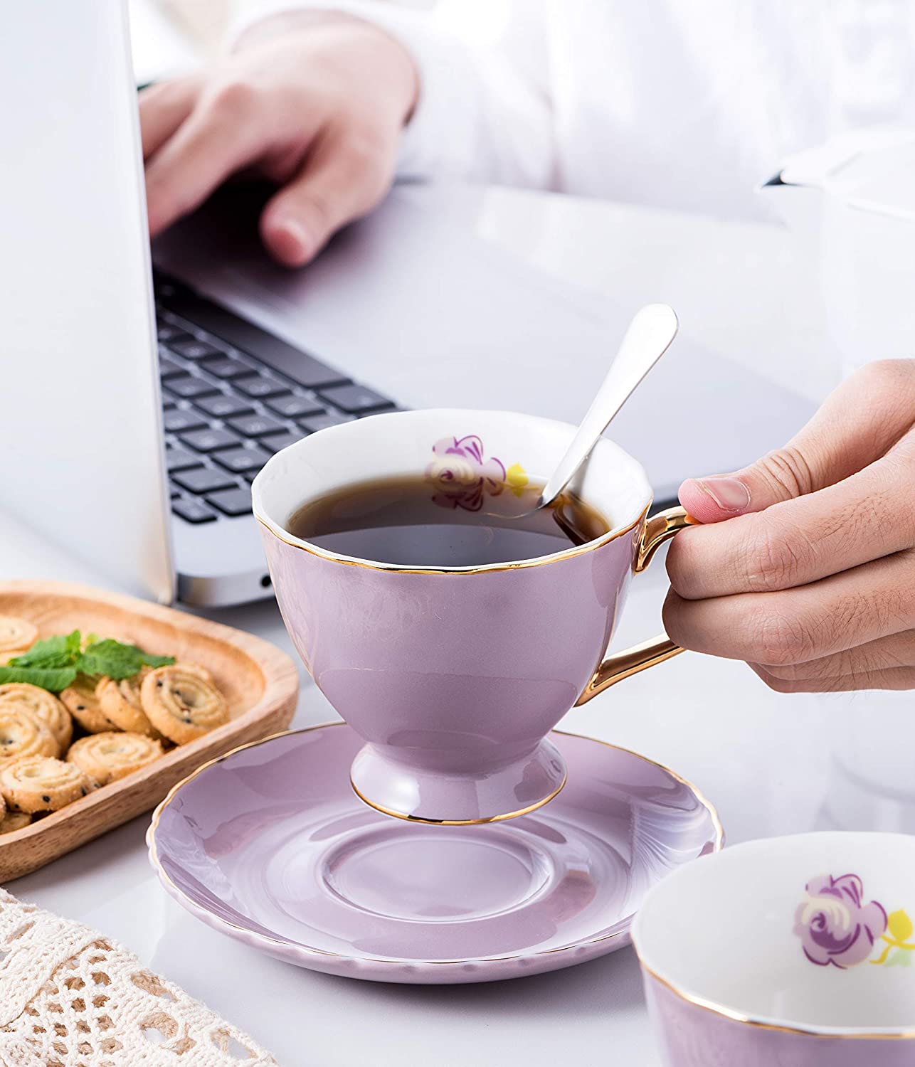 Jusalpha® Fine China Tea Cup and Saucer Coffee Cup Set with Saucer and Spoon Set of 6 (FD-TCS02 blue (6), 7oz)