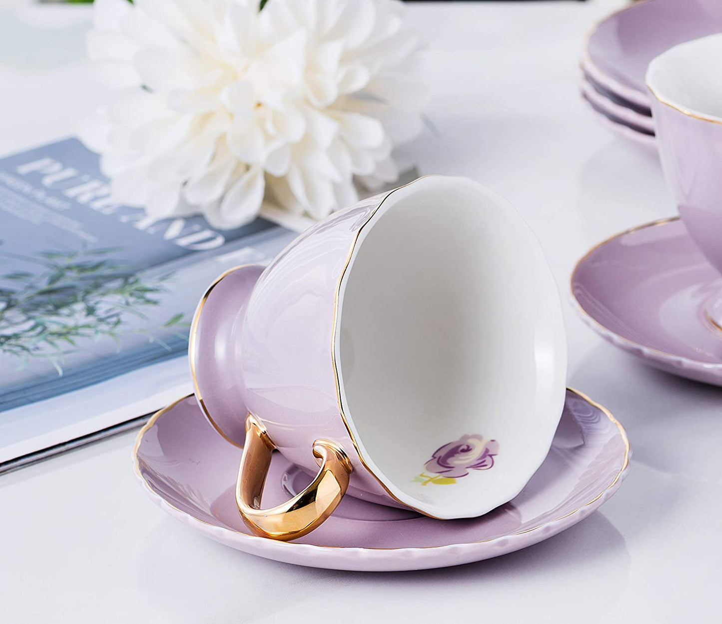 Jusalpha® Fine China Tea Cup and Saucer Coffee Cup Set with Saucer and Spoon Set of 6 (FD-TCS02 blue (6), 7oz)